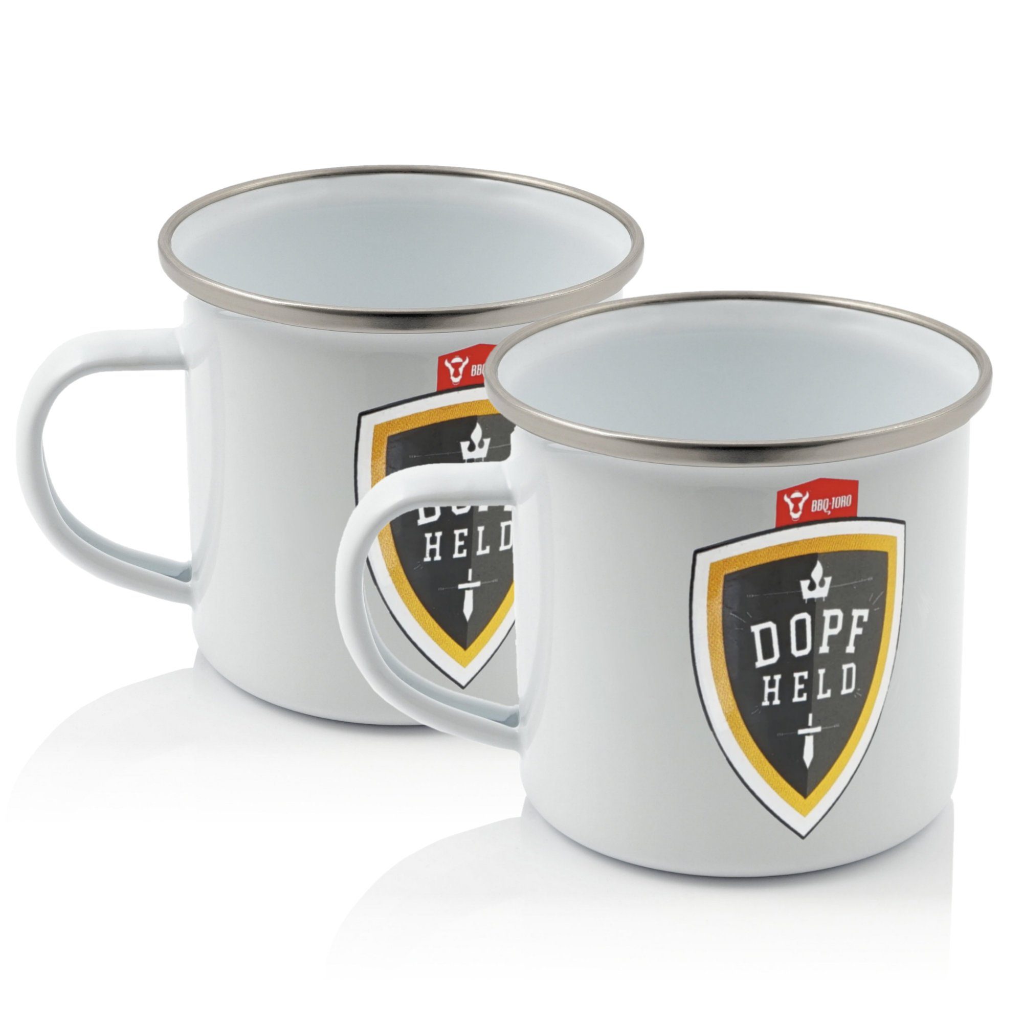 BBQ-Toro Tasse Emaille Tasse "Dopfheld" (2 Stück), 350 ml, Camping Emaillebecher, Stahl