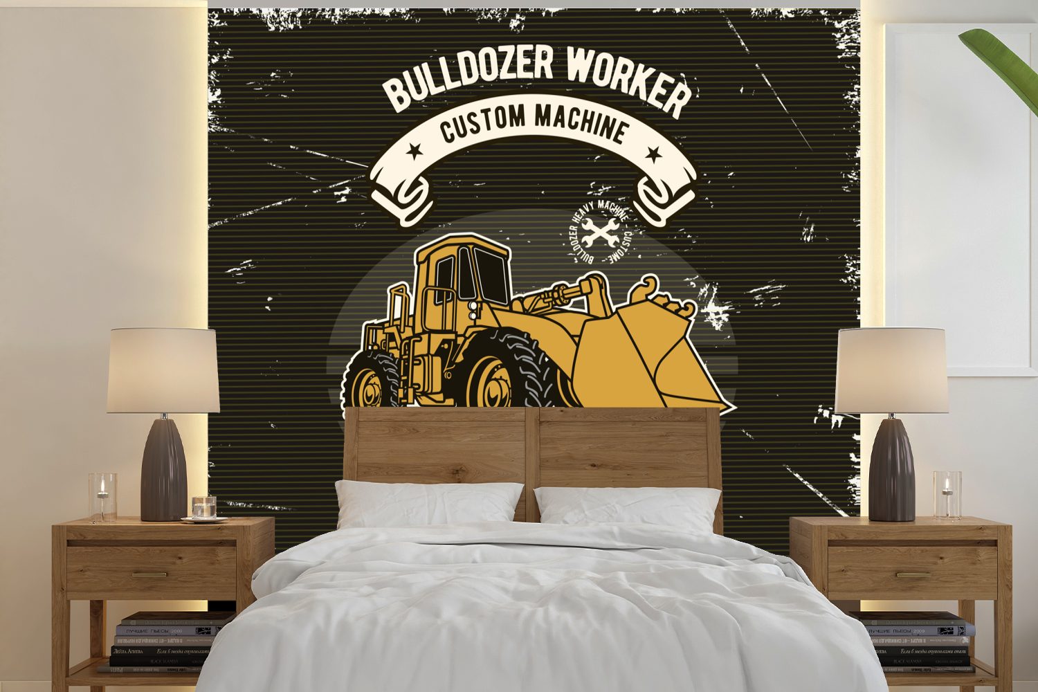 MuchoWow Fototapete Bulldozer - Jahrgang - Banner, Matt, bedruckt, (5 St), Vinyl Tapete für Wohnzimmer oder Schlafzimmer, Wandtapete