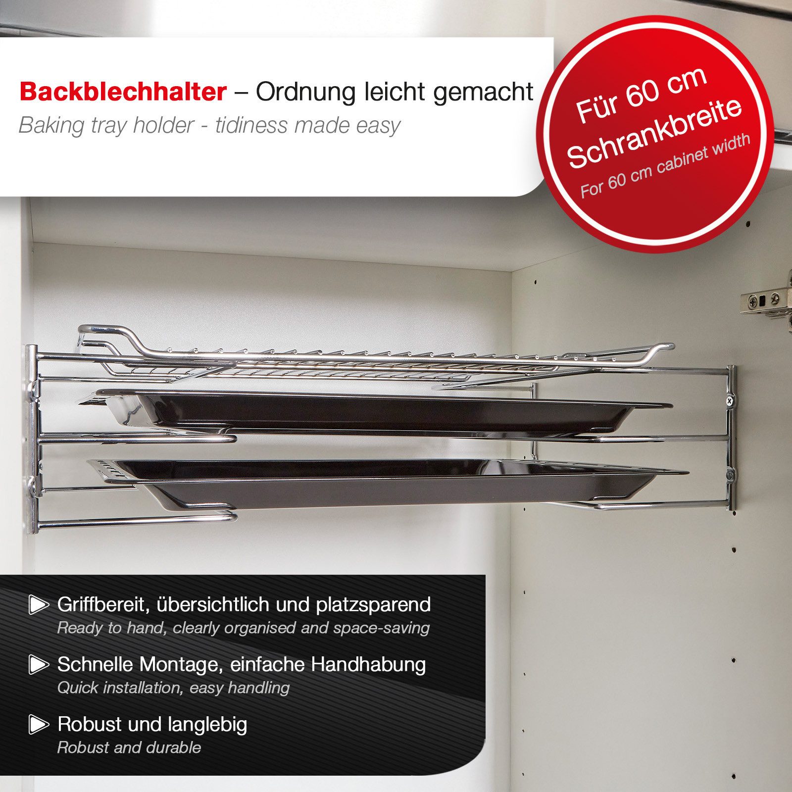 SO-TECH® Schrankeinsatz Backblechhalterung zum Einbau in 60 cm breiten Küchenschrank, für 3 Backbleche 364 x 140 x 125 mm chrom poliert