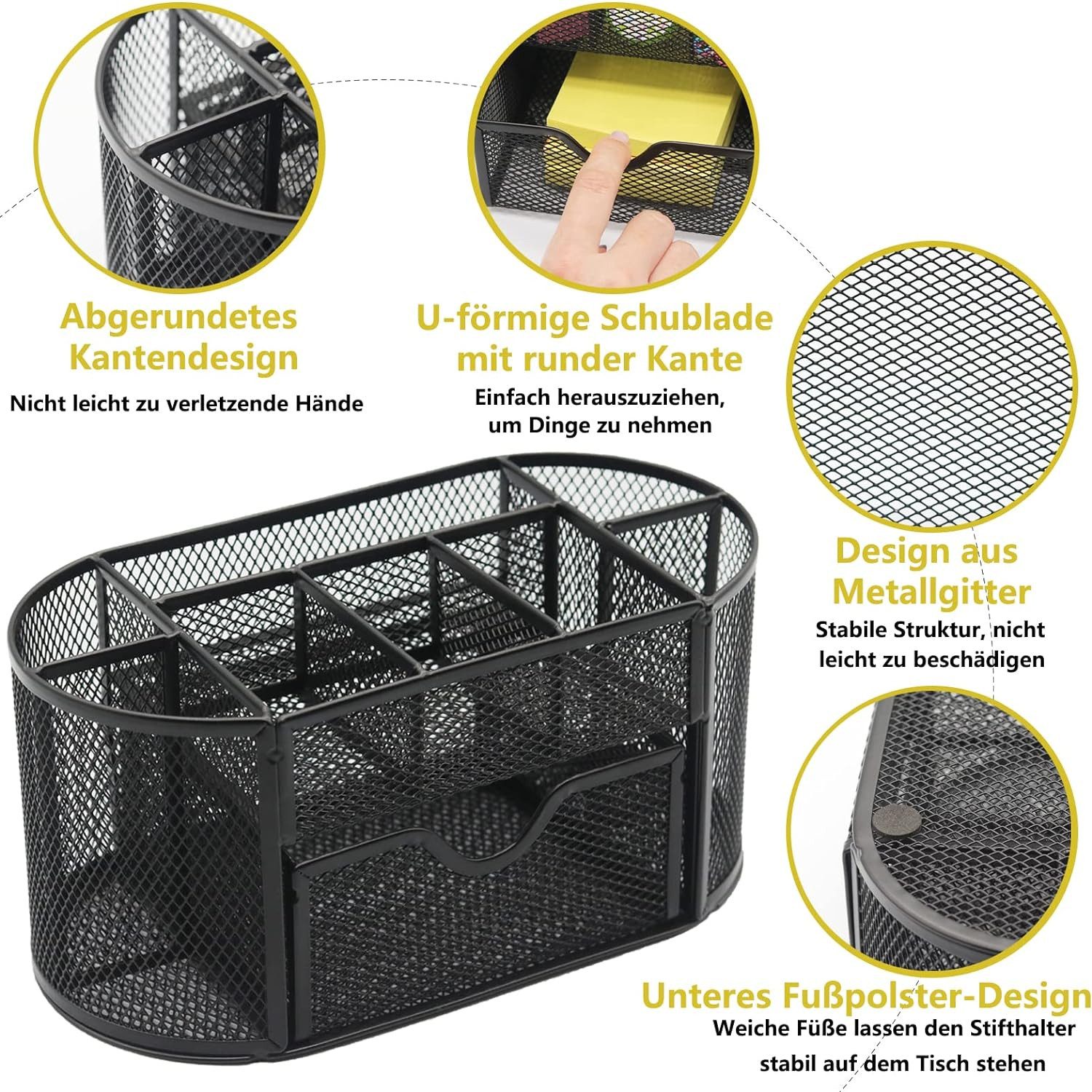OKWISH Organizer Schreibtisch Organizer Stifthalter Schreibtischorganizer Mesh Metall (Desk-Organizer mit 8 Fächer und 1 Schublade, 1 St., Platzsparendes Büro-Organizer Große Kapazität), Büro Schule Schreibtisch Bleistift Stifte Hefter Schreibwaren Lagerung