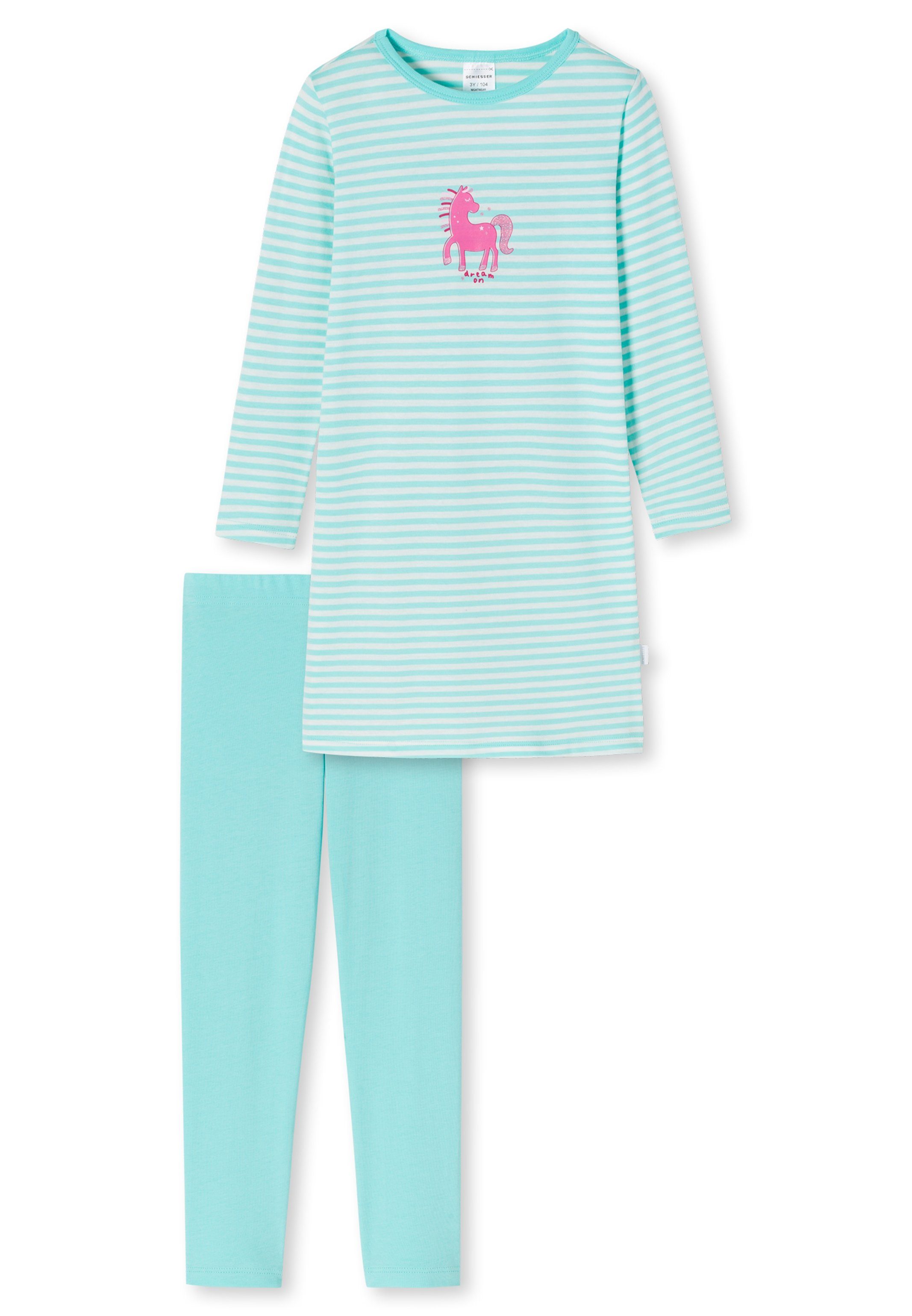(Set, Girls - Schiesser Schlafanzug Organic tlg) lang türkis - Cotton - 2 Pyjama Kids Baumwolle
