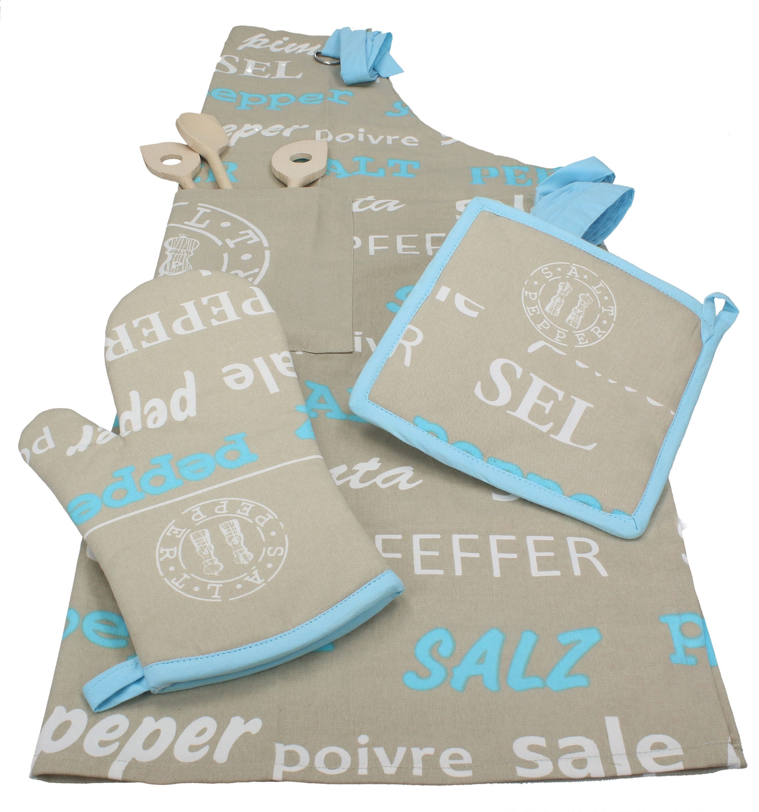 Betz Kochschürze 3 tlg Set Grillschürzen Topfhandschuh Topflappen SALZ&PFEFFER sand, (3-tlg)