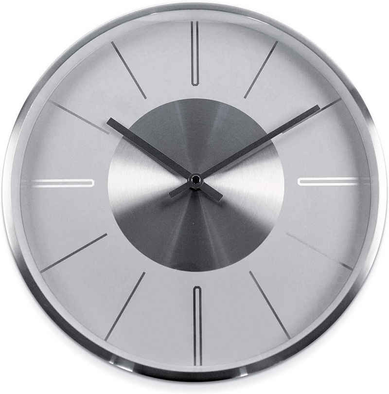 K&L Wall Art Wanduhr »lautlose moderne Aluminium Wanduhr 30cm Durchmesser Uhr ohne Ticken« (Silber Optik, Quarz Uhrwerk, Wohnzimmer, Schlafzimmer, Büro, Küche)