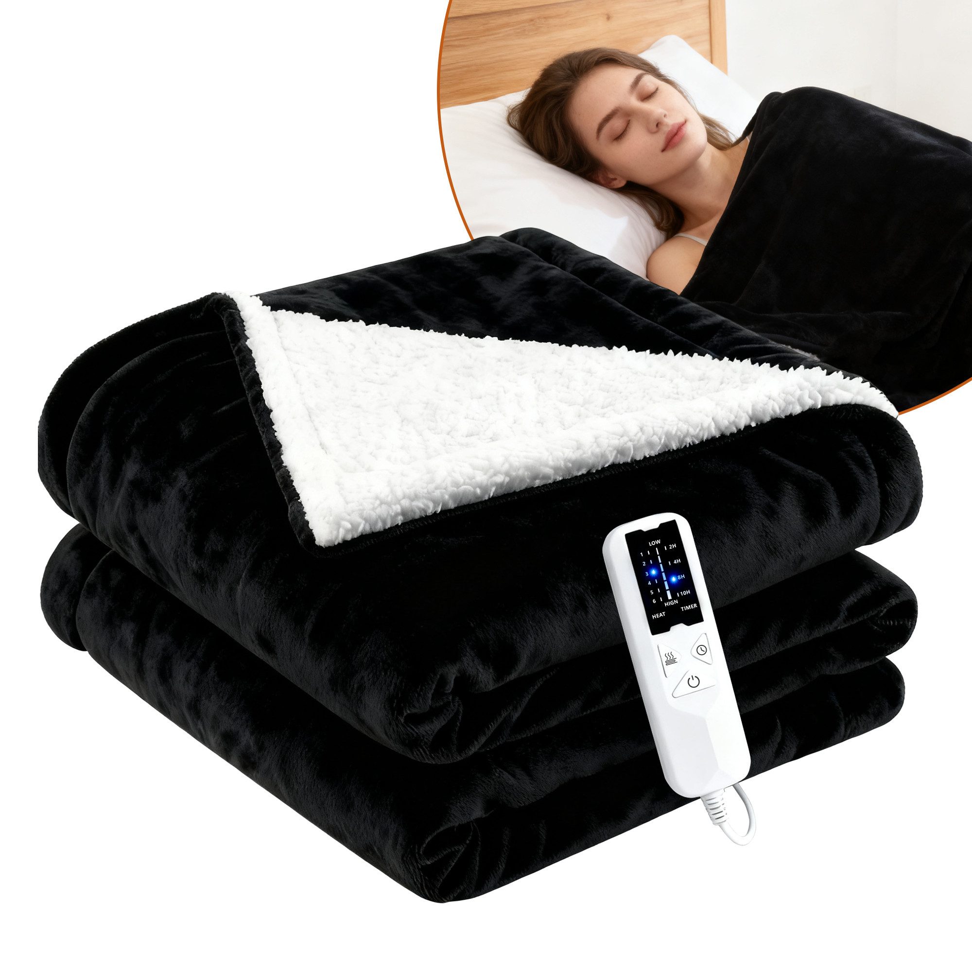 Nettlife Heizdecke Elektrisch Schwarz mit Überhitzungsschutz Waschbar Wärmedecke, für das Bett das Sofa und beim Camping( 200x180 cm/180x130cm) , 6-Stufen Heizung & Zeitschaltuhr Einfache Reinigung (30°C)