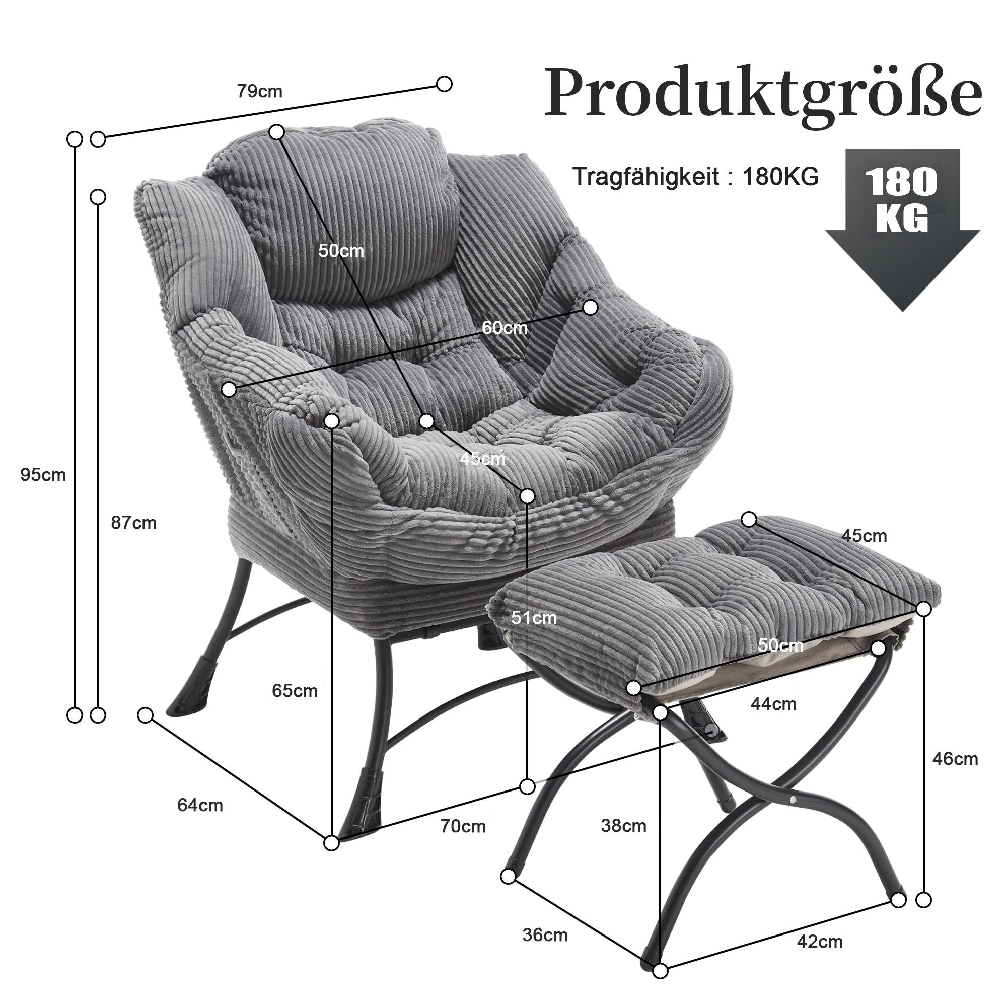 LVHOM Loungesessel Relaxsessel mit Hocker: Verbreitert/Sanftes Design,praktische Ergonomie (Gemütliche, extraweiche Polsterung, rutschfeste Schutzfüße, ergonomische Lehne, Seitentasche (Handy), Hocker als Fußbank/zusätzlicher Sitz, Stahlrahmen bis 180 kg, Sessel: 79x64x95 cm, Hocker: 50x45x46 cm), Ideal für Wohnzimmer, Schlafzimmer & Spielzimmer