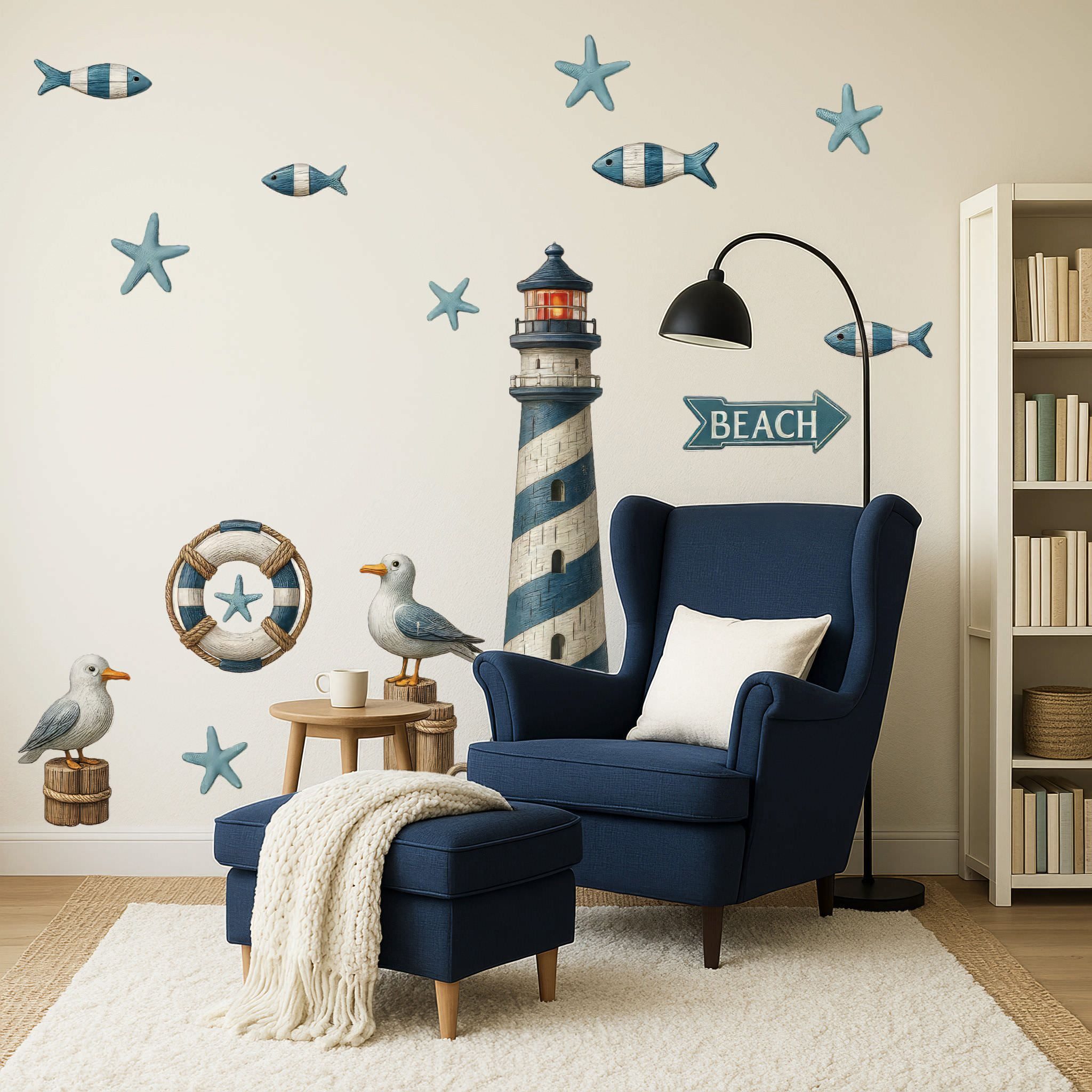 Sunnywall Wandtattoo Aufkleber Maritim Set – Leuchtturm, Möwen, Anker & Seesterne, selbstklebend, konturgeschnitten, rückstandslos entfernbar – Bild 2 von 5