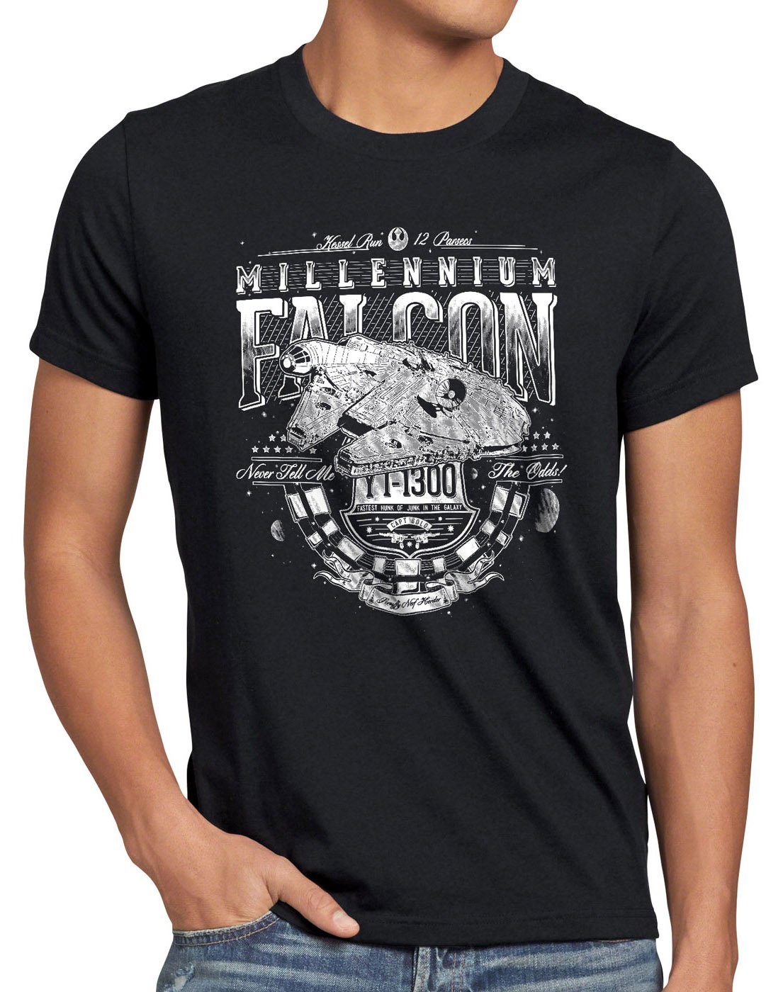 style3 Print-Shirt Herren T-Shirt Kossal-Flug 12 Parsec rasender falke sprung millenium falke schwarz