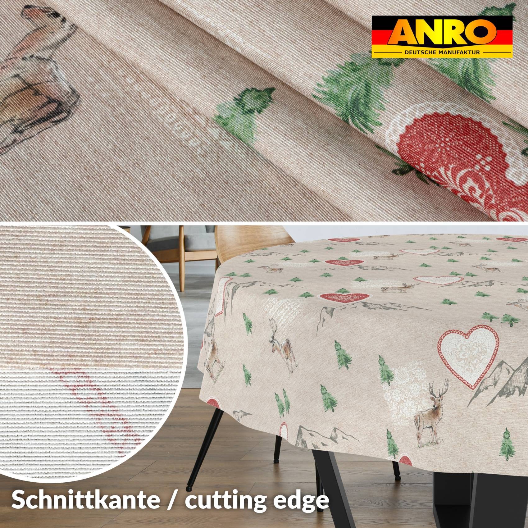ANRO Tischdecke pflegeleicht Weihnachten Tischtuch Christmas Renntier Herz Tischwäsche (Einzelstück 1-tlg), Schutz-Beschichtung wasserabweisend Rund 100cm