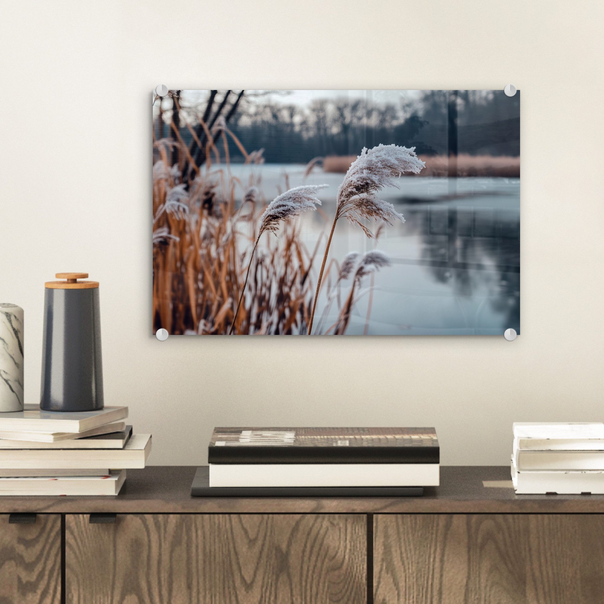 MuchoWow Acrylglasbild Schilf - Gras - Natur - Winter - See, Inkl. Aufhängu günstig online kaufen