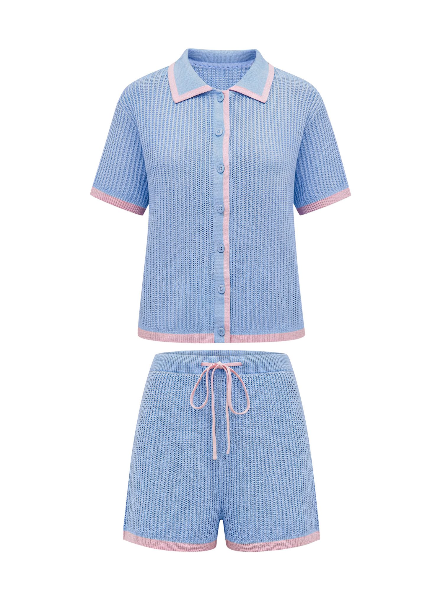 Imily Bela Hausanzug Damen Häkel 2-teiliger Set (Set, 2 tlg., Strickjacke + Shorts) Kontrastfarbige Details – Bild 5 von 5