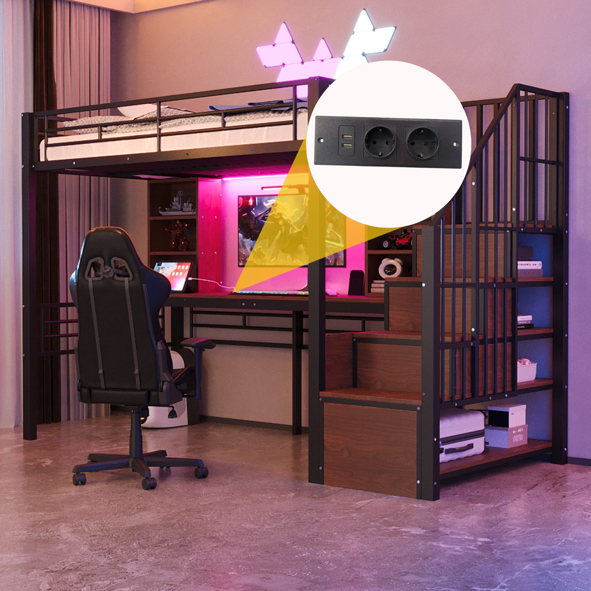 STILVORA Hochbett 90×200 mit Matratze Schreibtisch Jugendbett mit LED-Licht schwarz (Kinderbett mit integrierter Stauraumtreppe, mit hohem Schutzgitter und europäischer Steckdose) für tägliche Büroarbeiten, Freizeitaktivitäten und Lernzwecke