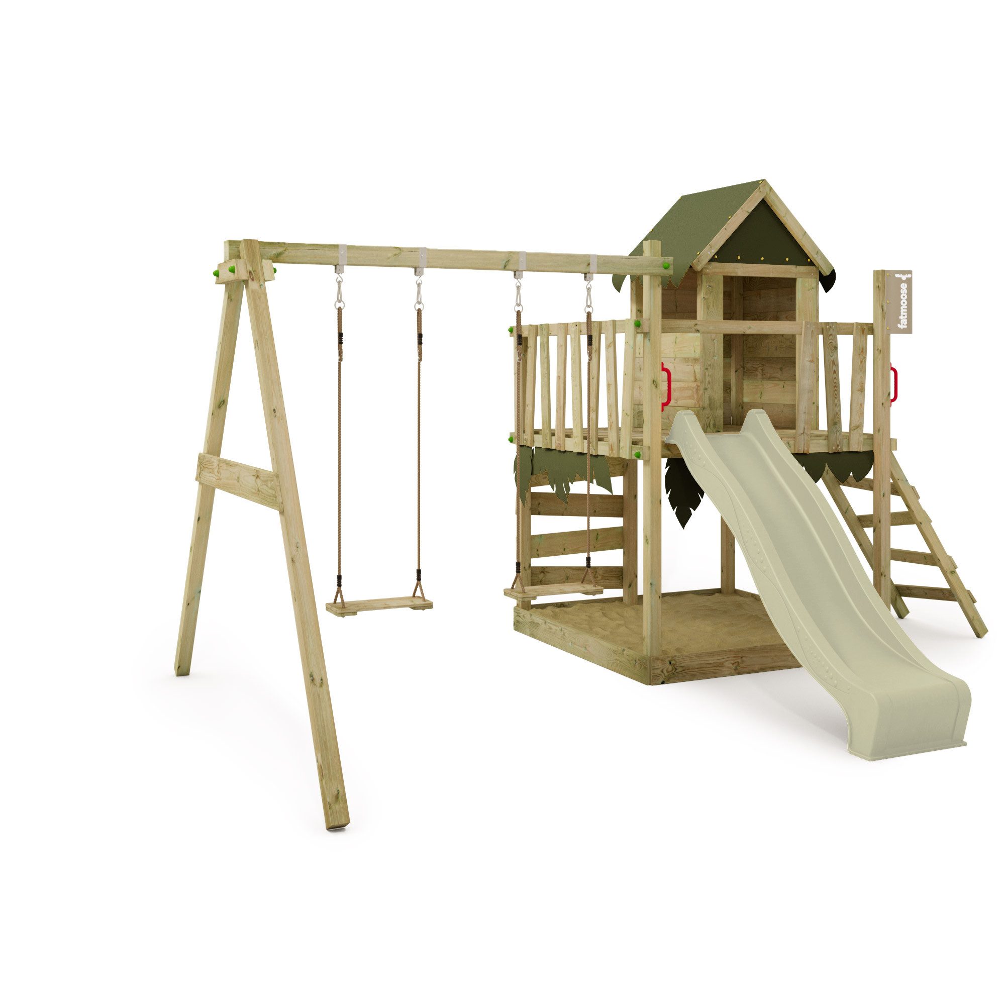 FATMOOSE Klettergerüst JazzyJungle Jam XXL mit Schaukel – Spielturm mit Rutsche, (Outdoor-Spielhaus mit Kletterwand, Wellenrutsche & Sicherheitshandgriffen für aktive Kinder, Kletterturm für kleine Entdecker & Freunde – perfekt für Rollenspiele), extrem witterungsbeständig mit 10 Jahren Garantie*