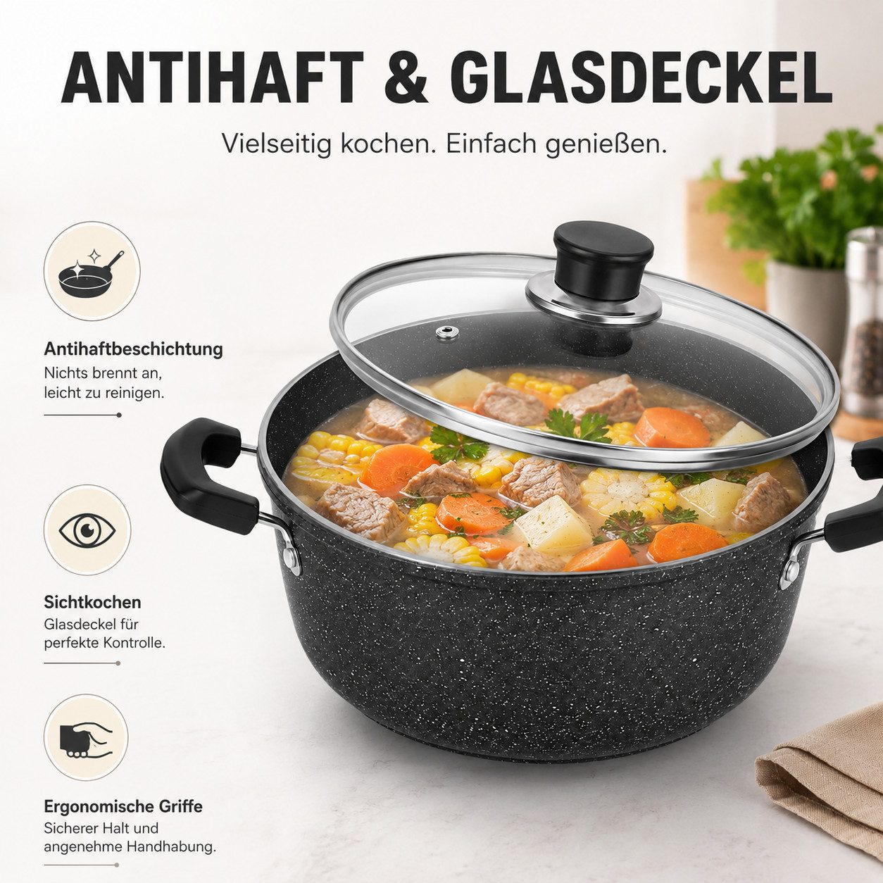 BlingBin Suppentopf Ø26 cm Kochtopf mit Glasdeckel & Antihaftbeschichtung, Eisen (Antihaft Schmortopf, 1-tlg., Ø 26 cm Kasserolle), Metalltopf mit zwei Griffen für Küche, Induktion, Gas, Elektro