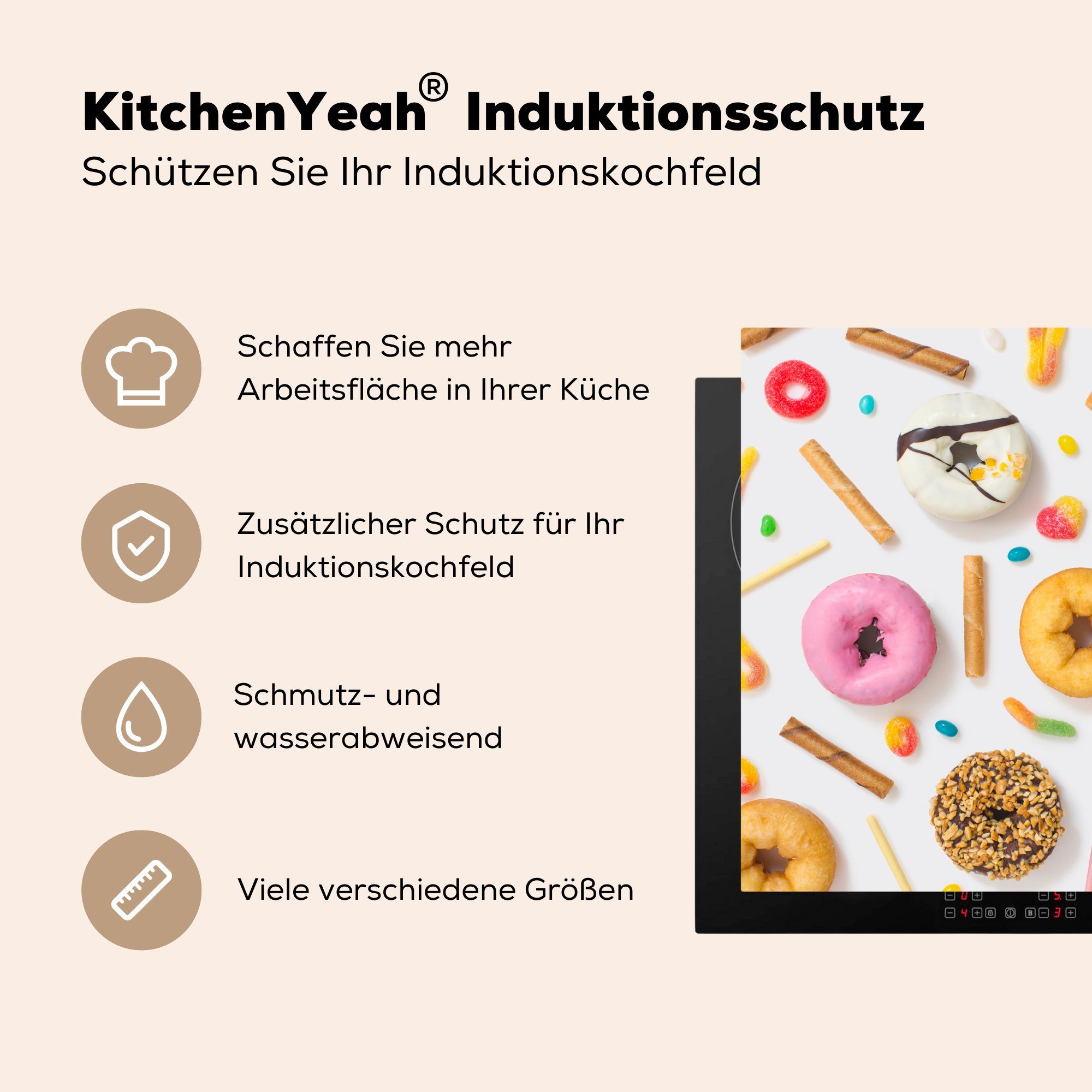 MuchoWow Herdblende-/Abdeckplatte Donuts, Süßigkeiten und (1 küche tlg), Ceranfeldabdeckung, 78x78 cm, Kekse, Arbeitsplatte für Vinyl