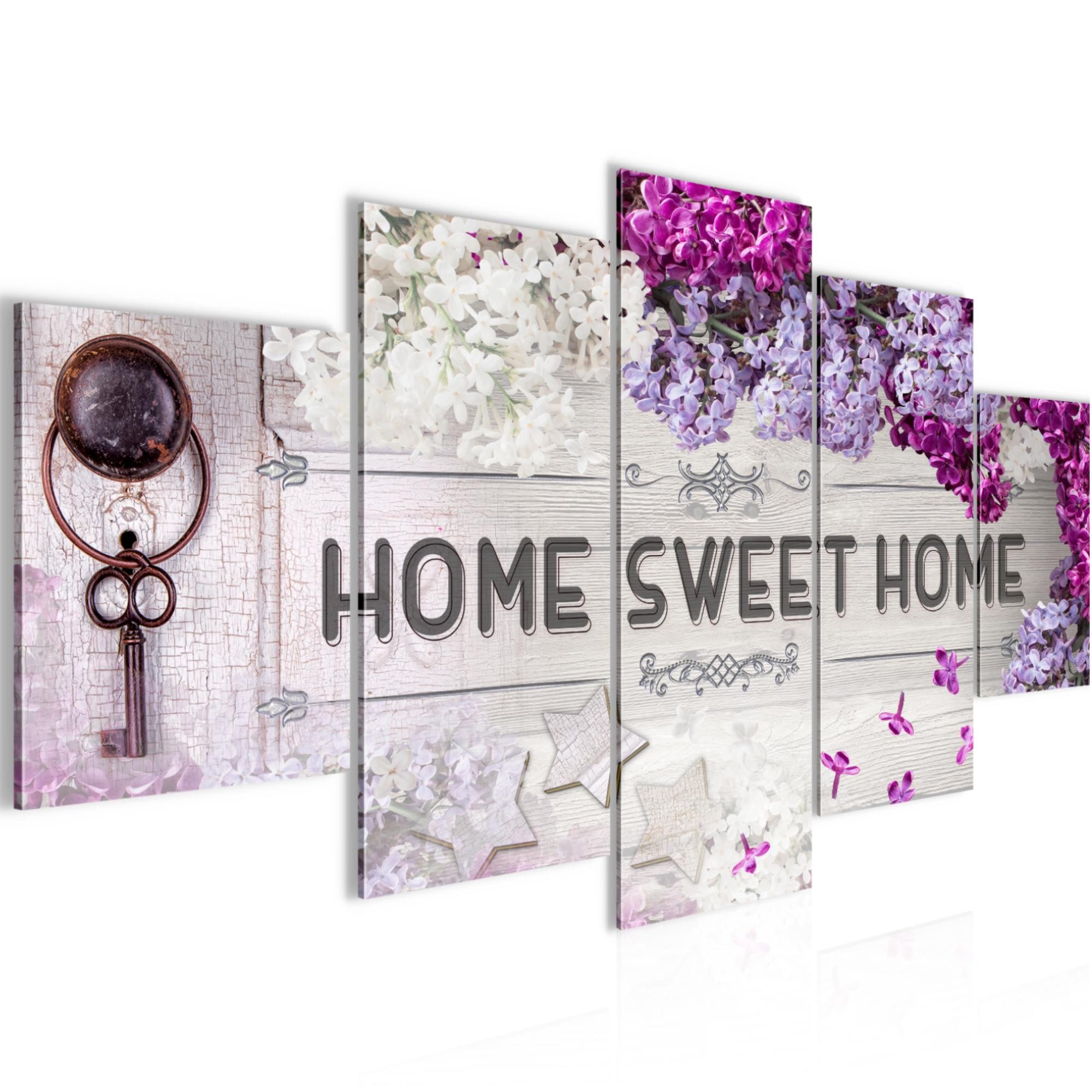 Runa Art Wandbild Home Sweet Home Bild auf Vlies Leinwand Deko Flieder Violett Lila, 100L x 50B cm