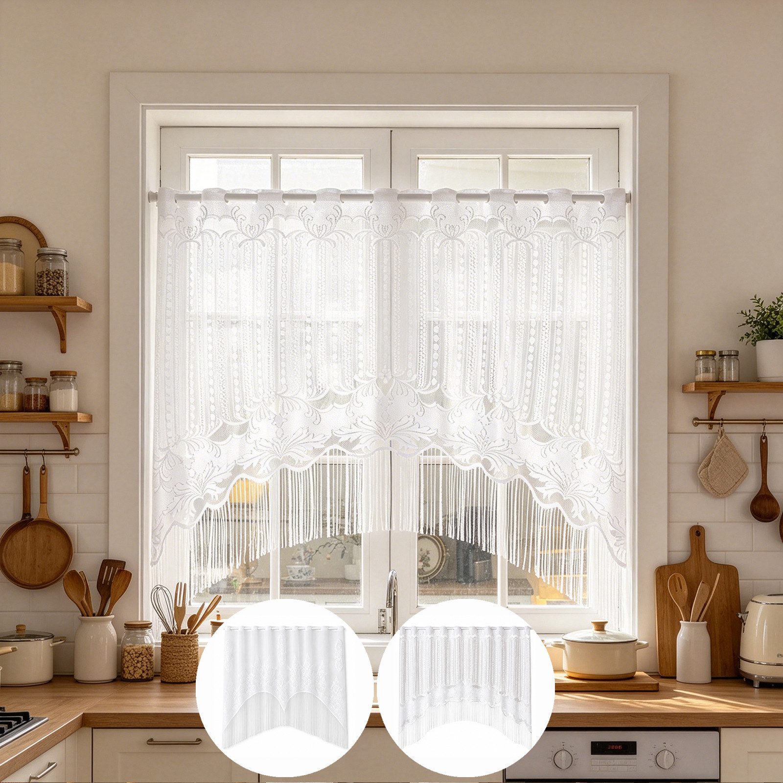 Sunicol Scheibengardine Transparent Gardinen mit Stickerei Quaste Kurzstores Bistrogardine, 150 x 120 cm, Französisch