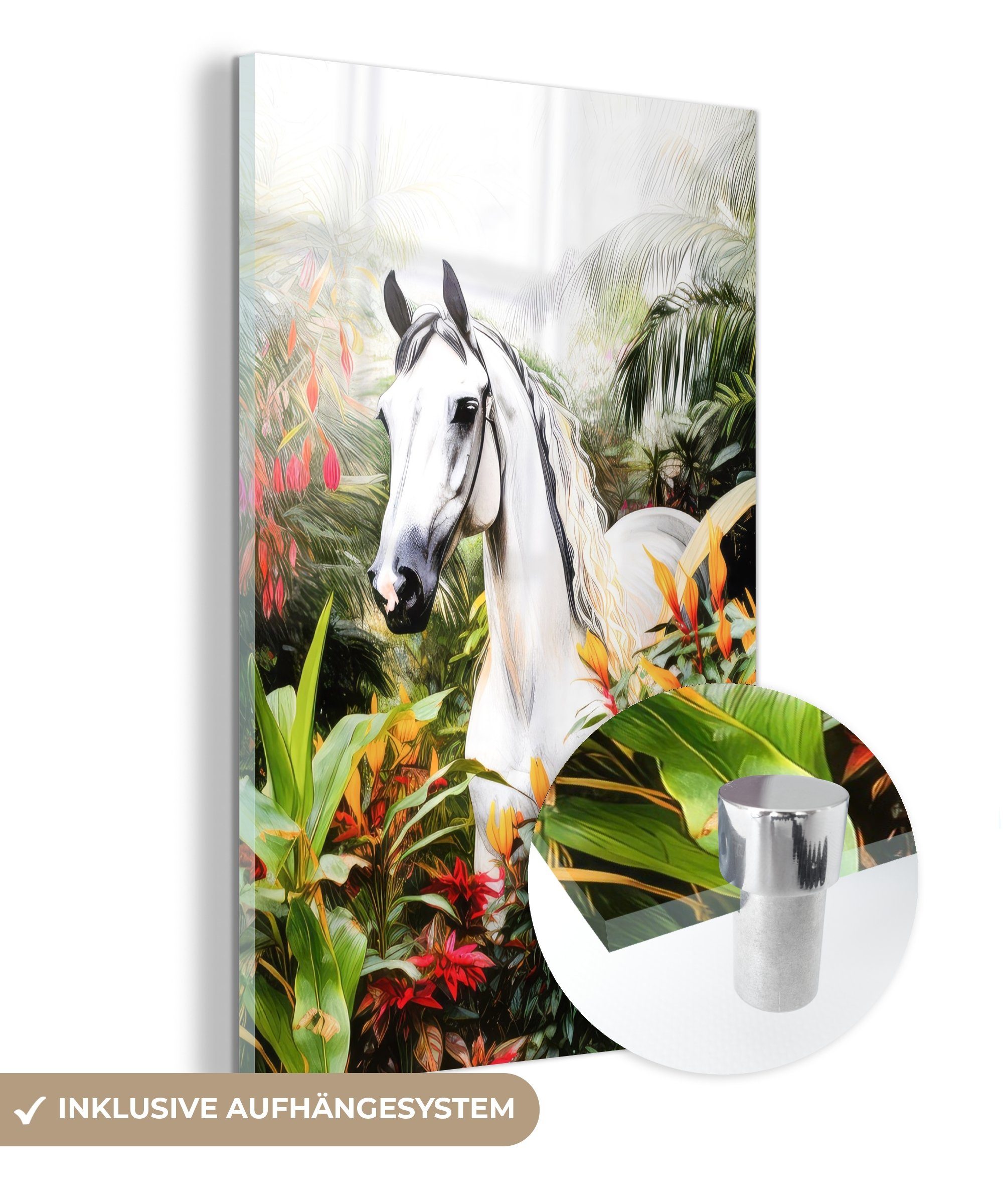 - - Acrylglasbild Pflanzen, St), - Wald Glasbilder Pferd Blumen - Glas Glas Wanddekoration auf Wandbild - Bilder Foto - auf Weiß (1 MuchoWow -