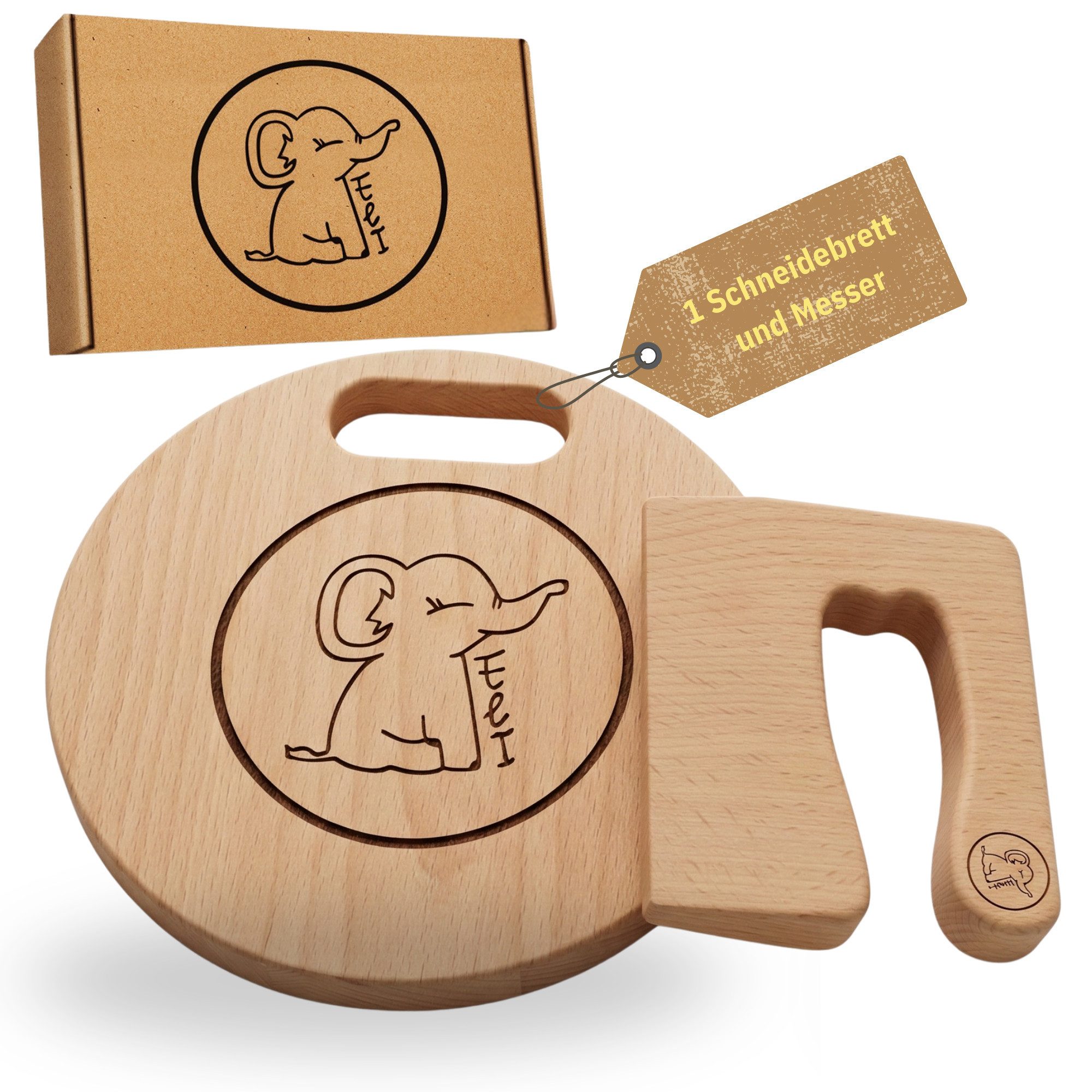 Eli Kinderkochmesser Kindermesser Set inkl. Schneidebrett und Holzmesser kindersicheres, hochwertiges 2 teiliges Set für Obst und Gemüse - Schneidebrett