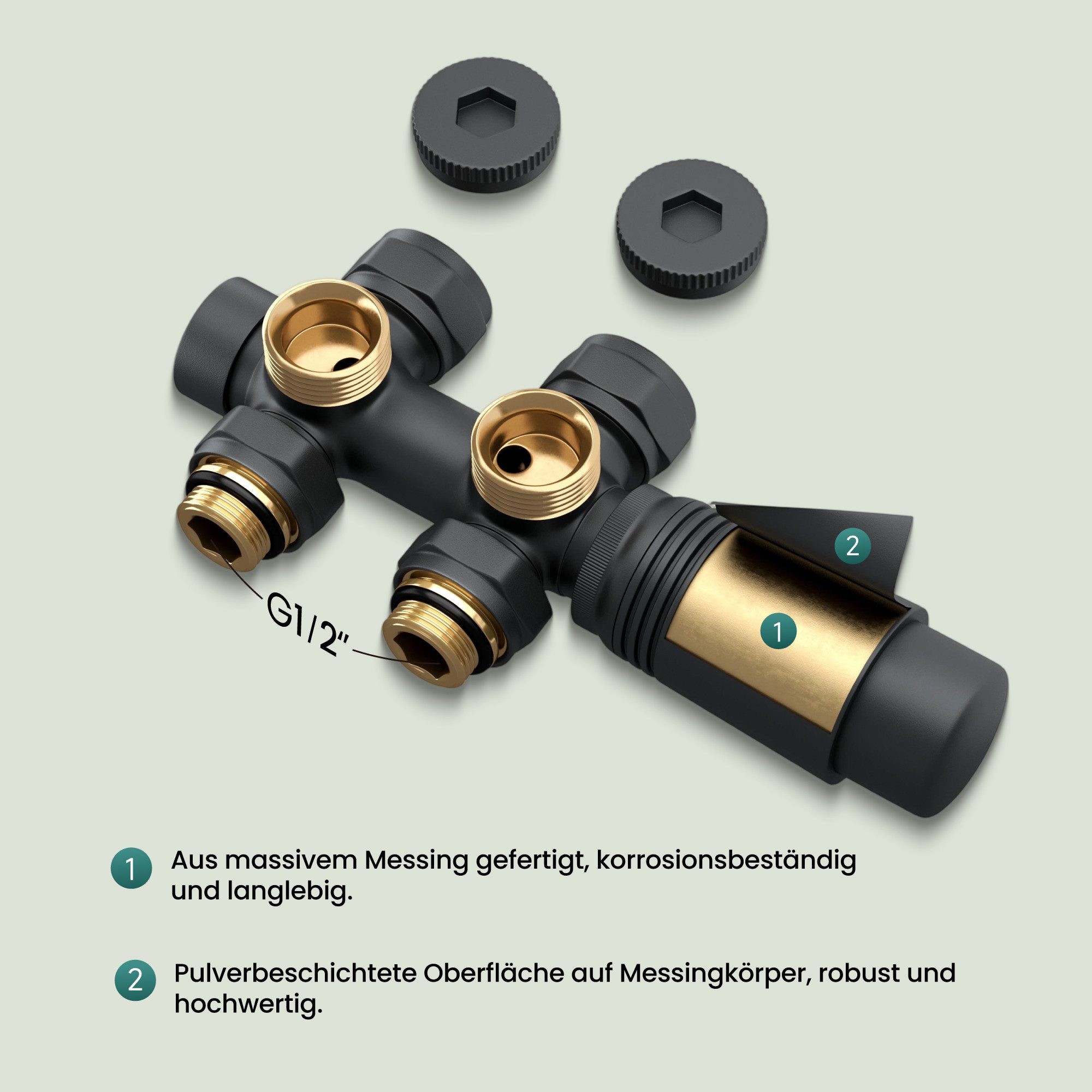 Mai & Mai Heizkörperthermostat Multiblock mit Thermostat für Heizkörper Ventilanschluss Ventil03, Eck- und Durchgangsform,Messing-Ventilkörper mit ABS-Thermostatkopf