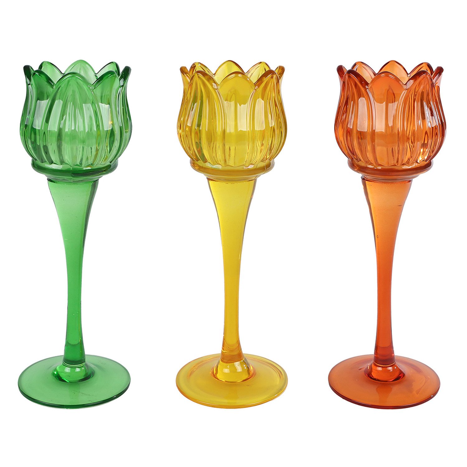 Macosa Home Teelichthalter Tulpe 3er Set 22 cm Glas Gelb, Grün und Orange (Kerzenhalter Tulpenform, 3 St., Dekoration Frühling Dekoteelichthalter), Glaskerzenhalter modern Frühlingsdekoration