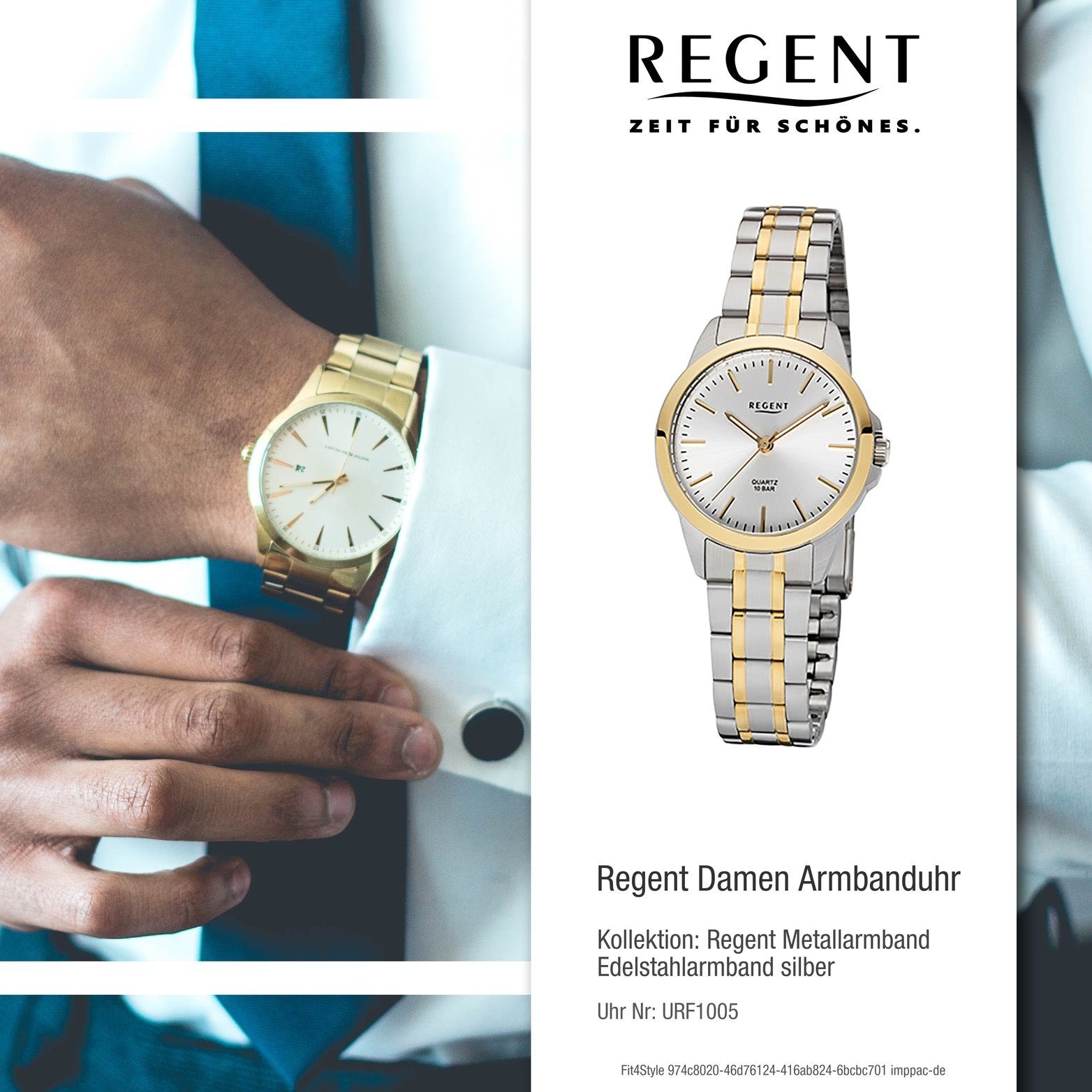 Regent Quarzuhr Regent Edelstahl Damen gold, klein Edelstahlarmband Uhr (29mm) rundes F-1005 Damenuhr silber, Gehäuse, Quarz