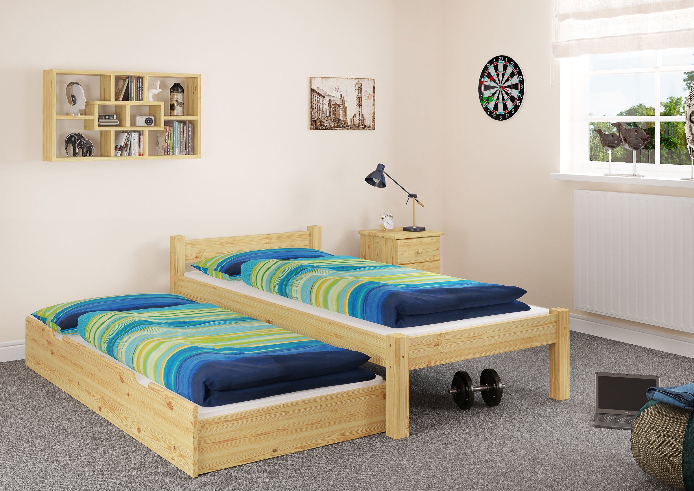 Rost Matratze, Bettenset Bett mit 90x200 Holzgestell Kieferfarblos mit Kiefer ERST-HOLZ lackiert und