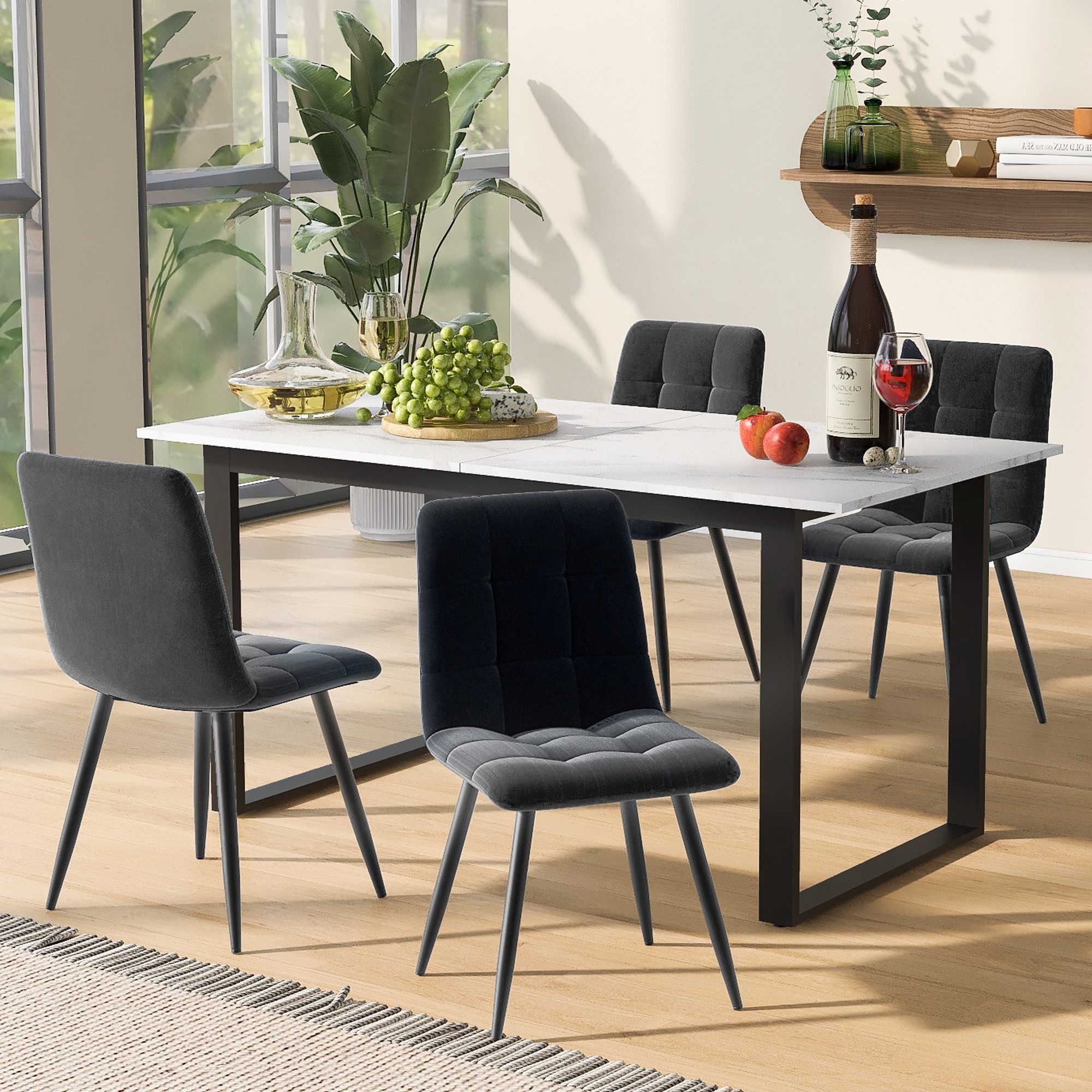 Tongtong Essgruppe Moderner Küchentisch Set, MDF Tischplatte in Weißer, (Set,140/180×80×75cm Esstisch mit 4 Stühlen), Dunkelgrau