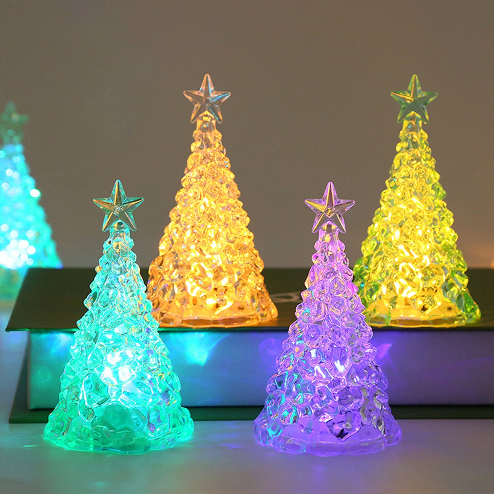 Rutaqian LED Nachtlicht 4 Stück Weihnachtsbaum Nachtlicht Heiligabend Geschenk LED Kerzenlicht, Weihnachtsdekorationen Desktop Ornament Kristall Nachtlicht Bunt | Nachtlichter
