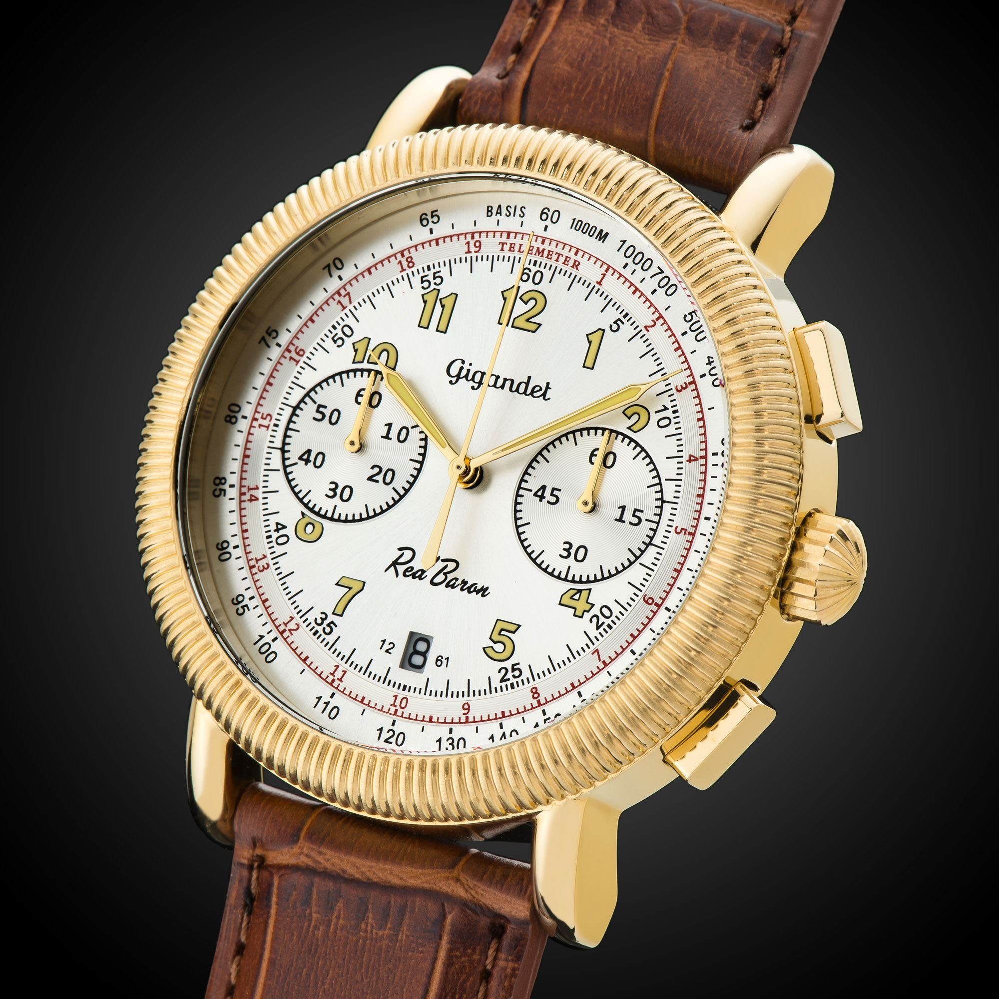 Gigandet Chronograph Armbanduhr, Herrenuhr, Fliegeruhr, 46mm, RED BARON IV G19-007, Mineralglas, Datumsanzeige, Lederband, 10bar/100m wasserdicht