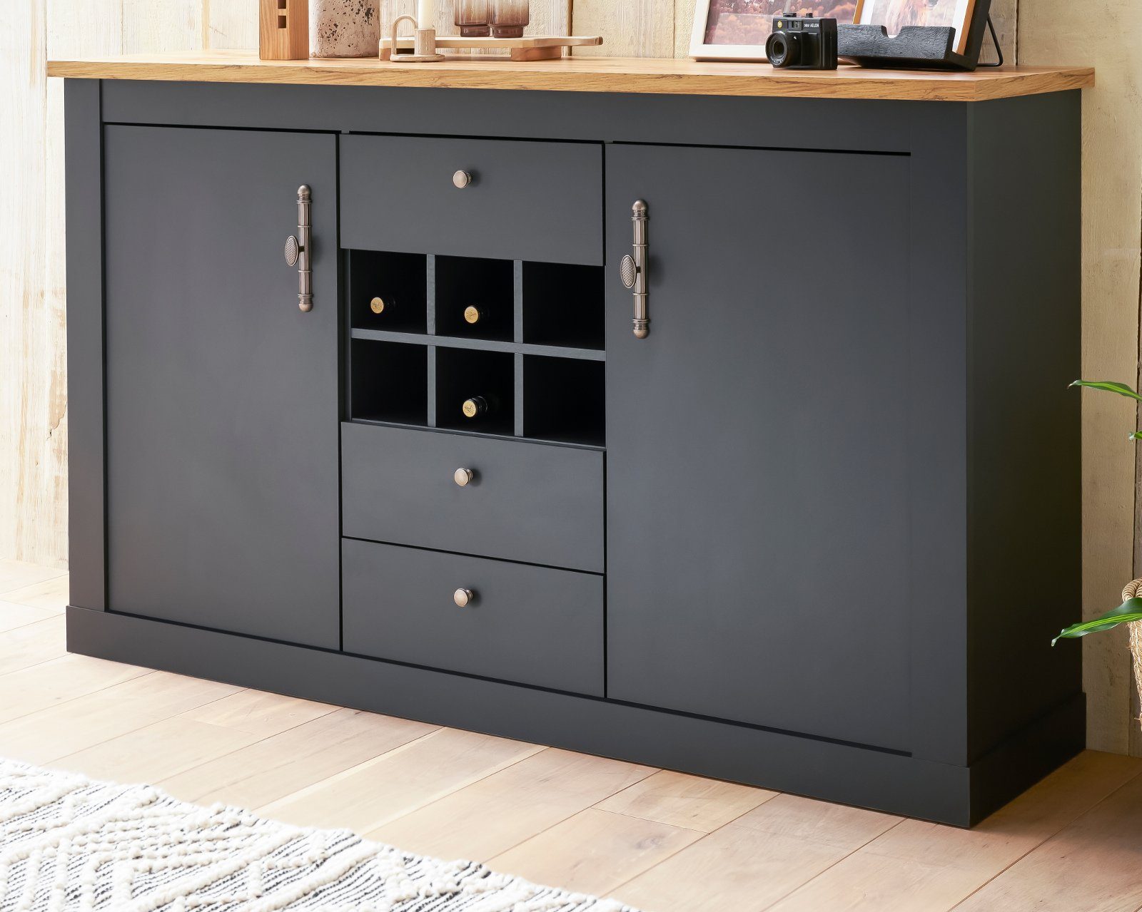 Furn.Design Anrichte Ribera (hohes Sideboard in matt grau mit Wotan Eiche, 169 x 104 cm), mit Soft-Close-Funktion
