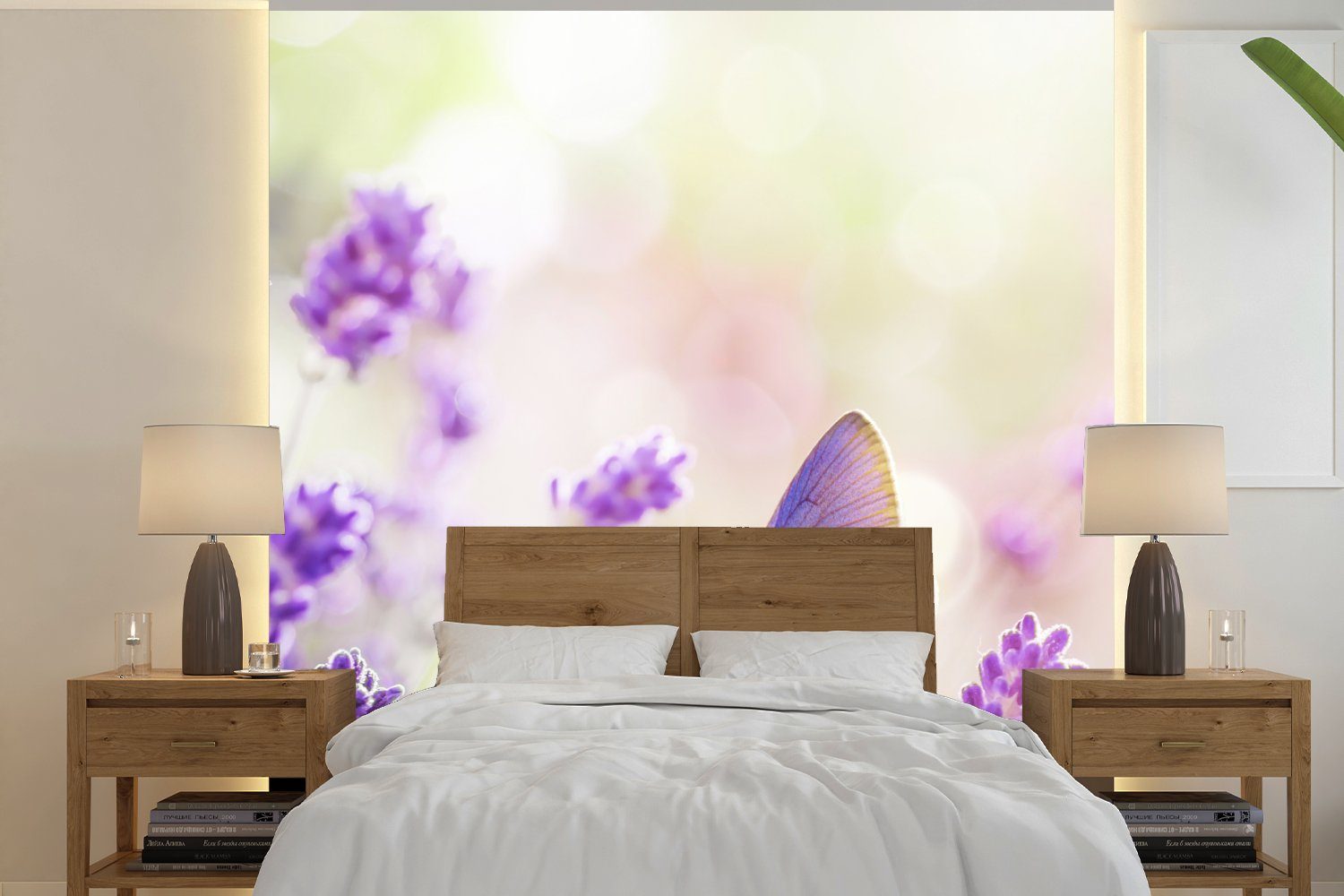 MuchoWow Fototapete Lavendel - Schmetterling - Blumen, Matt, bedruckt, (4 St), Vliestapete für Wohnzimmer Schlafzimmer Küche, Fototapete