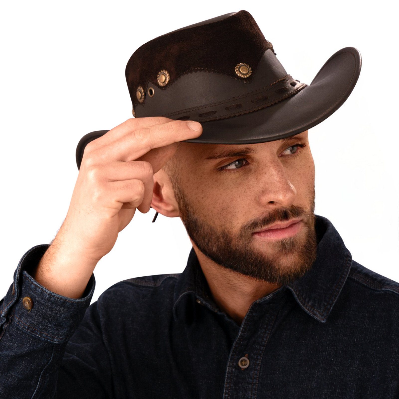 BLACK FOREST FOX Cowboyhut Country Luxus Western Cowboy Hut Reiten Leder Sonnenhut in 2 Farben Brown Größe S