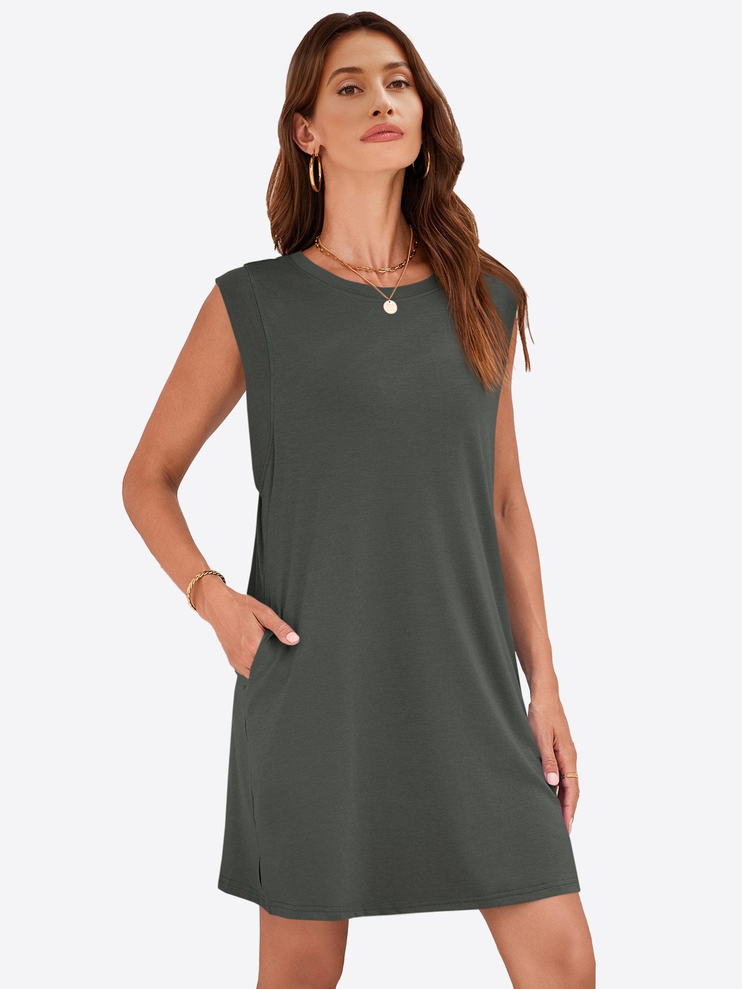 Imily Bela Minikleid Damen Ärmellose Basic T-Shirt Kleider mit Taschen (Packung, 1-tlg., 1per-Pack) einfarbig – Bild 5 von 5