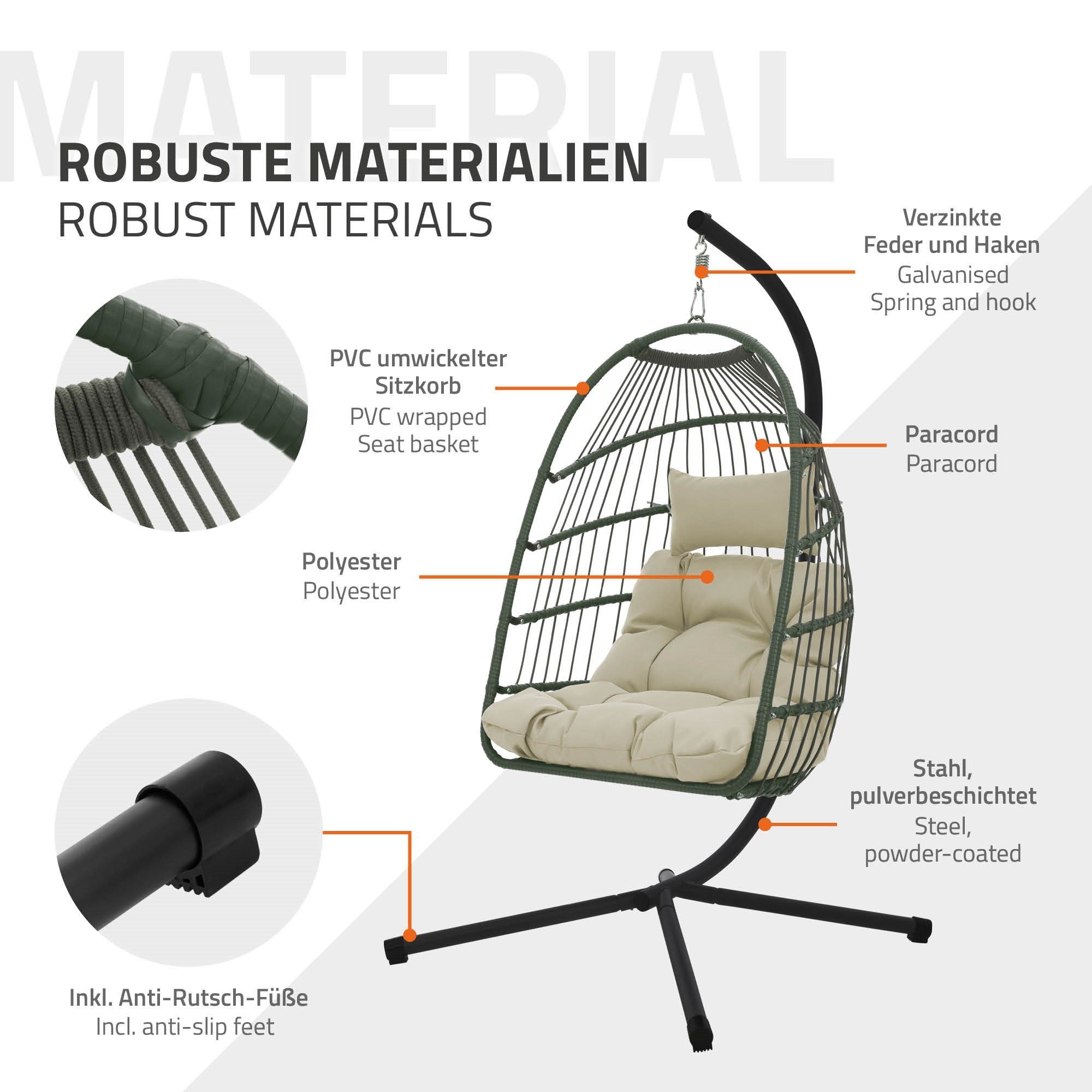 ML-DESIGN Gestell Khaki Hängekorb Hängesessel faltbar Stahl Deckenhalterung Hängeschaukel Kissen Hängesitz, Hängestuhl mit Abdeckung Rattan-Optik