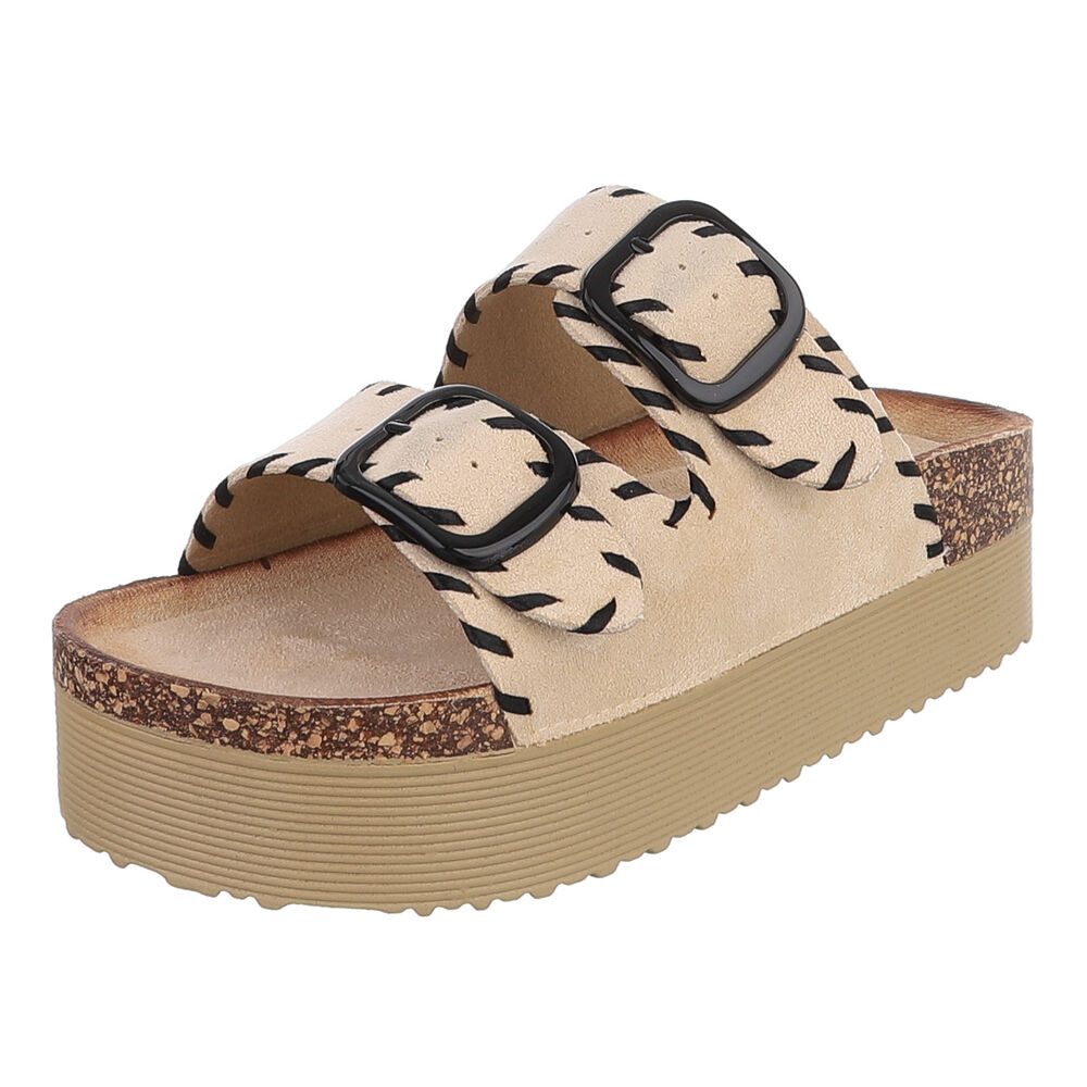 Ital-Design Damen Plateau-Pantolette mit Schnallen und Zierprägung Plateausandaletten (91895620) Flach Pantoletten in Beige