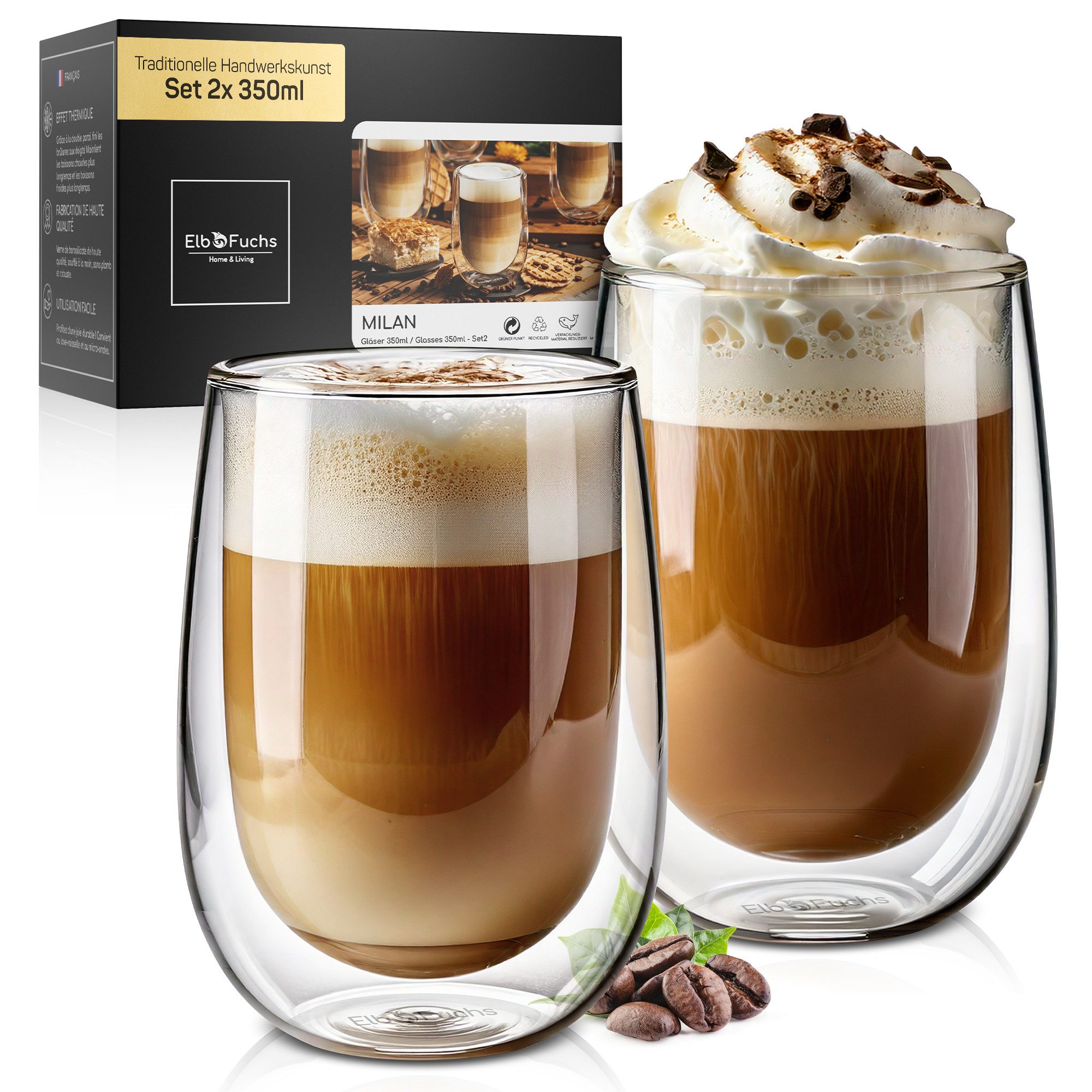 ElbFuchs Latte-Macchiato-Glas Milan 350ml, 2-tlg., Doppelwandiger Thermoeffekt