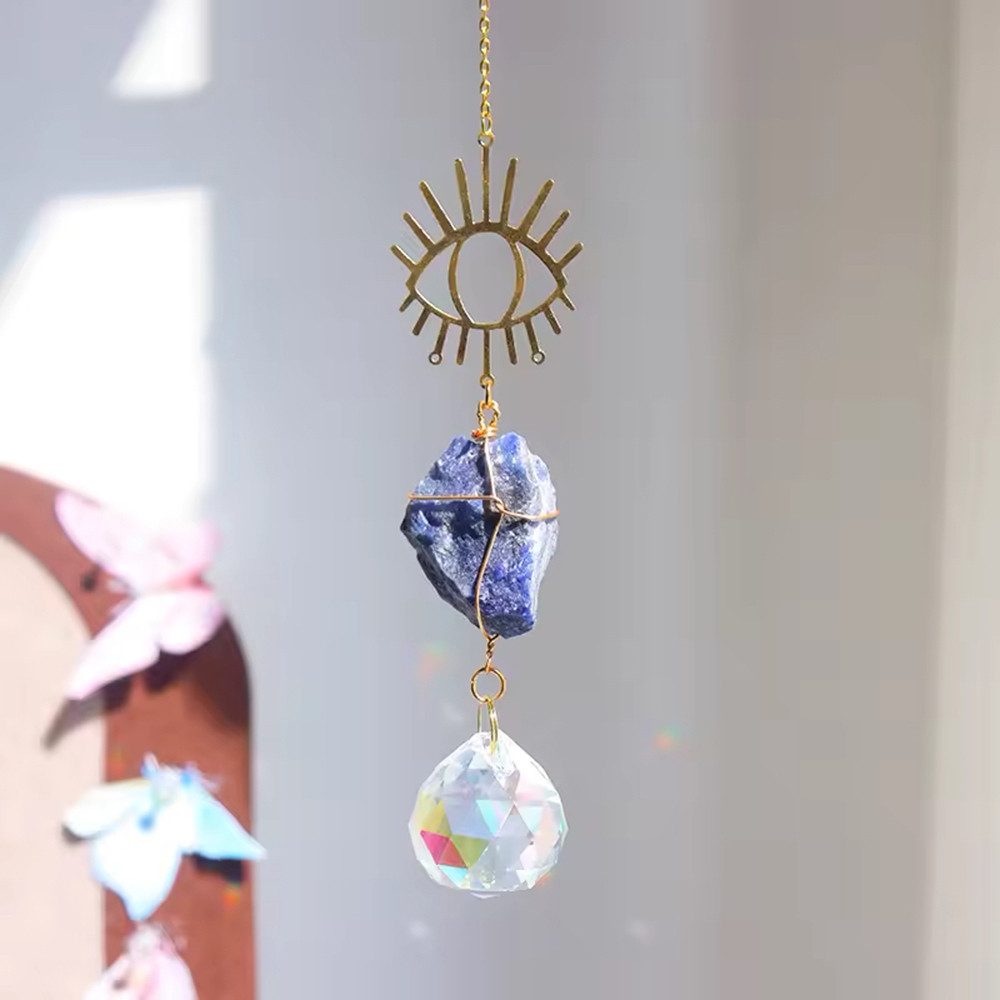 Karmandala Fensterdekoration Windspiel Kristall Sonnenfänger mit Edelstein Traumfänger Lichtspiel, echte Sodalith Natursteine für Klarheit, Wahrheit und Selbstvertrauen