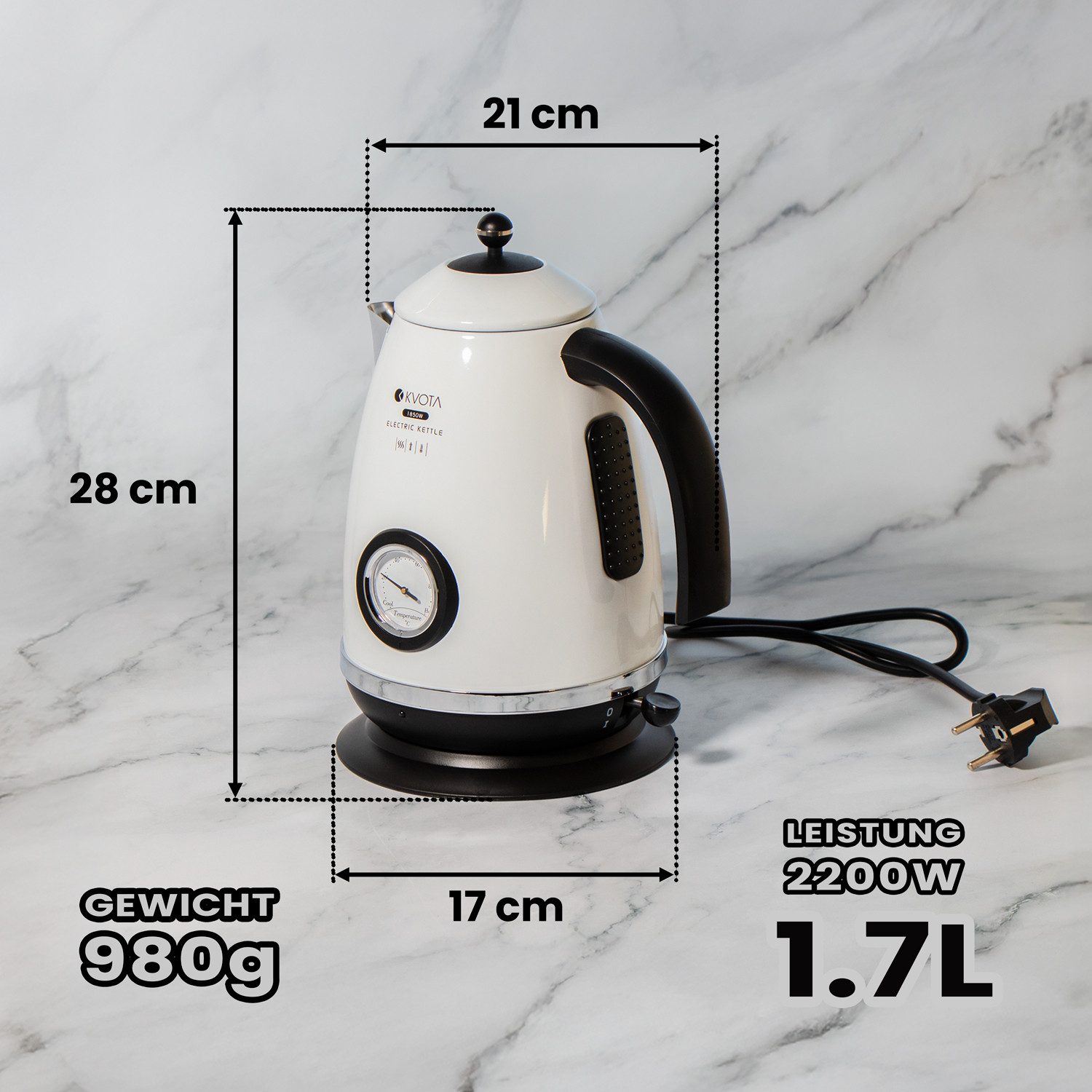 KVOTA Wasserkocher Elektrischer Wasserkocher STYLE 1,7 L im Retro-Style, Edelstahl 2200w, 1.7 l, 2200 W, Retro-Look, Edelstahl – Bild 3 von 5