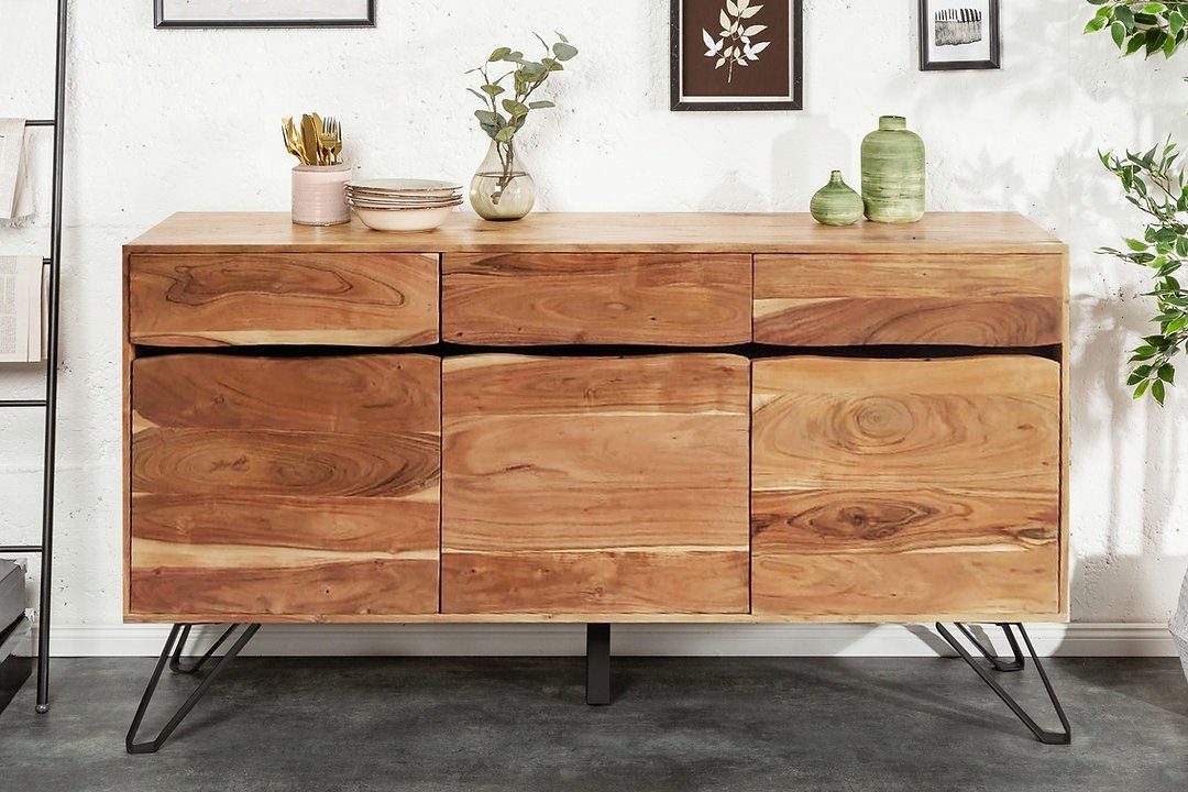 Sitheim-Europe Sideboard LIVING EDGE Massives Sideboard 160cm Akazienholz mit Baumkante, Mit drei Schubladen und sechs Türenfächer für ausreichend Stauraum