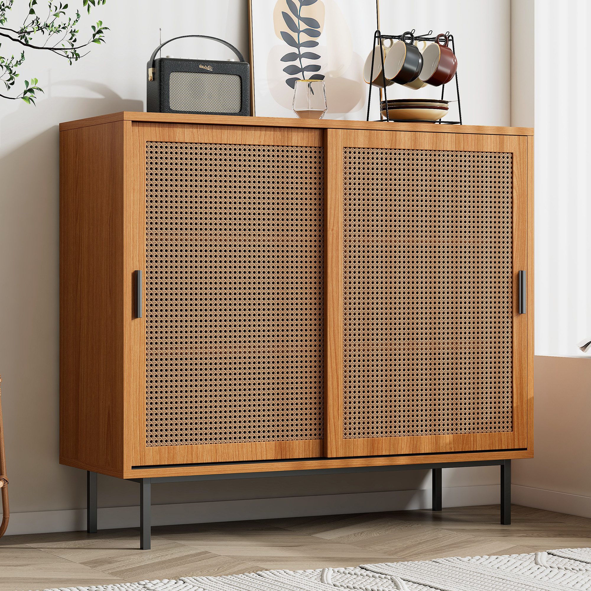 Fangqi Sideboard Kommode, Schrank mit 2 Schiebetüren und verstellbaren Einlegeböden