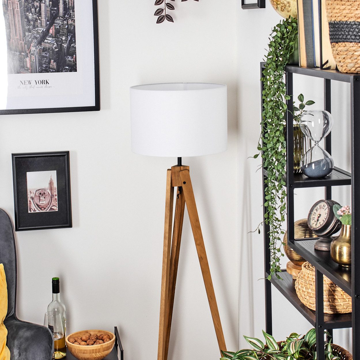 hofstein Stehlampe Stehlampe aus Holz/Metall im skandinavischen Design, ohne Leuchtmittel, Boho-Style, Schirm aus Stoff, Ø 38 cm, E27, 148 cm, mit Fußschalter