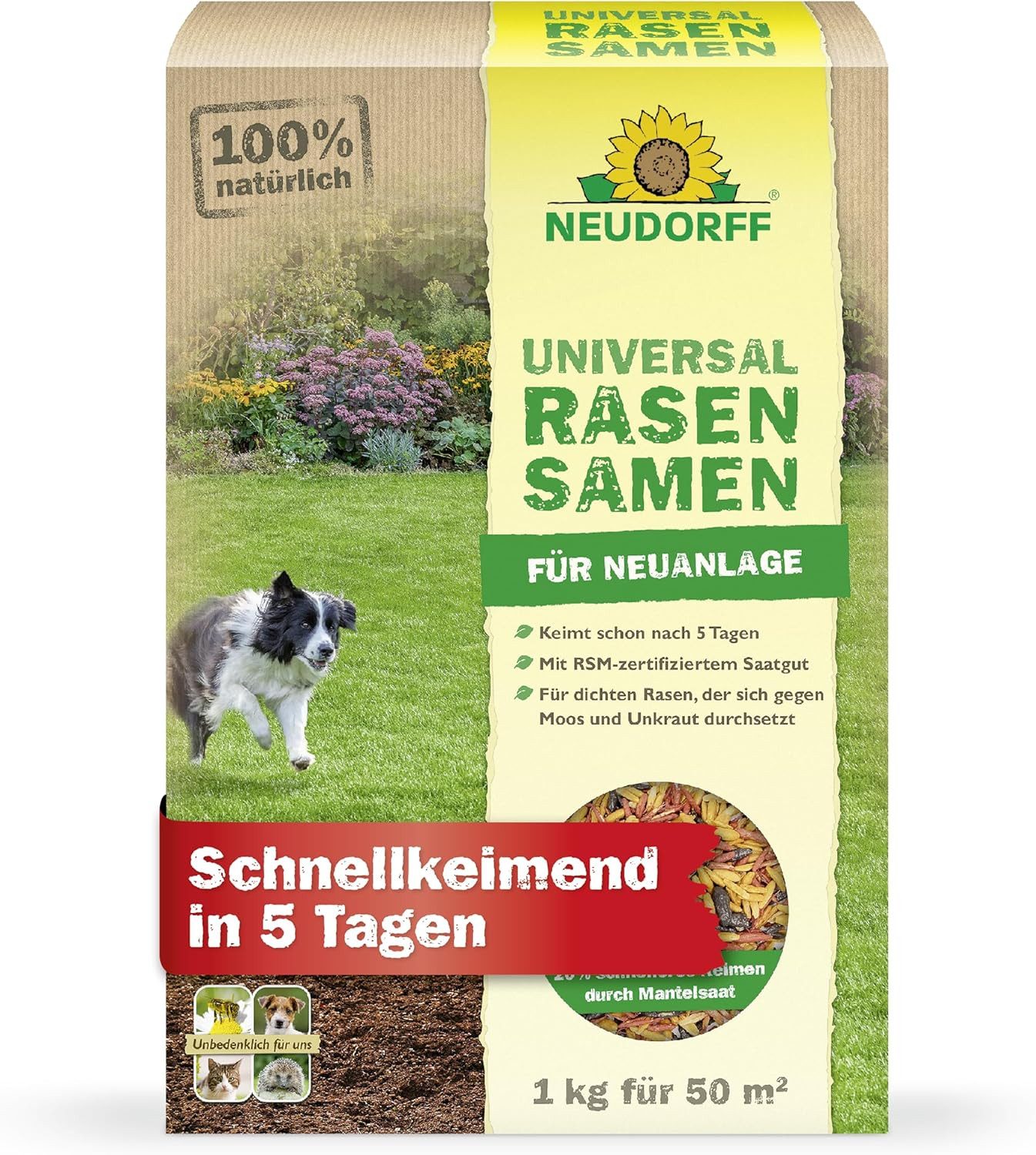 Neudorff Rasensamen UniversalRasenSamen für 50 m², 1 kg, RSM-Mantelsaat mit 9 Rasensorten für schnelle Keimung