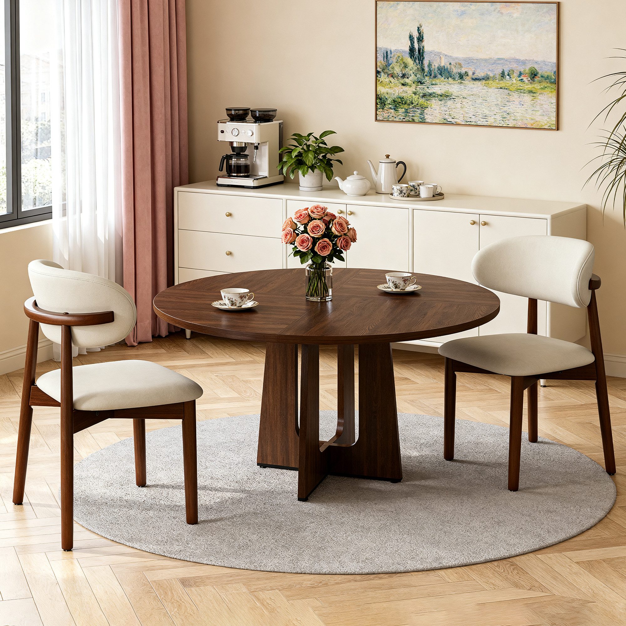 muvano Essgruppe Esstisch-Set rund mit 2 Stühlen, Walnussoptik, Ø 120 cm, Esstisch mit Stühlen