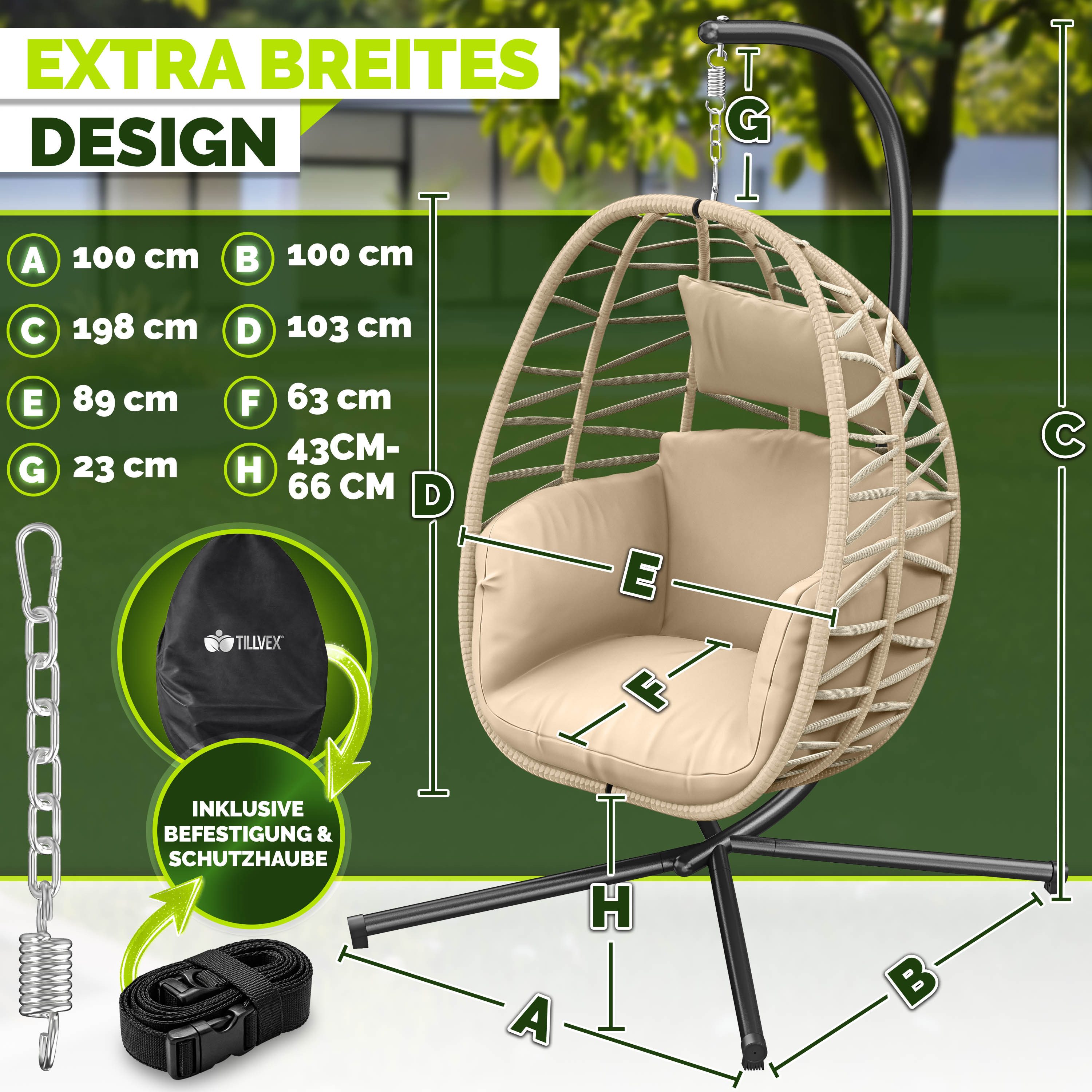 tillvex Hängesessel tillvex® Swivo Hängesessel mit Gestell inkl. wetterfester Abdeckung (Hängekorb klappbar bis 150 kg, Hängesitz aus Rattan, Hängestuhl für Indoor Garten Balkon Terrasse), mit Gestell Outdoor & wetterfester Abdeckung mit Befestigung