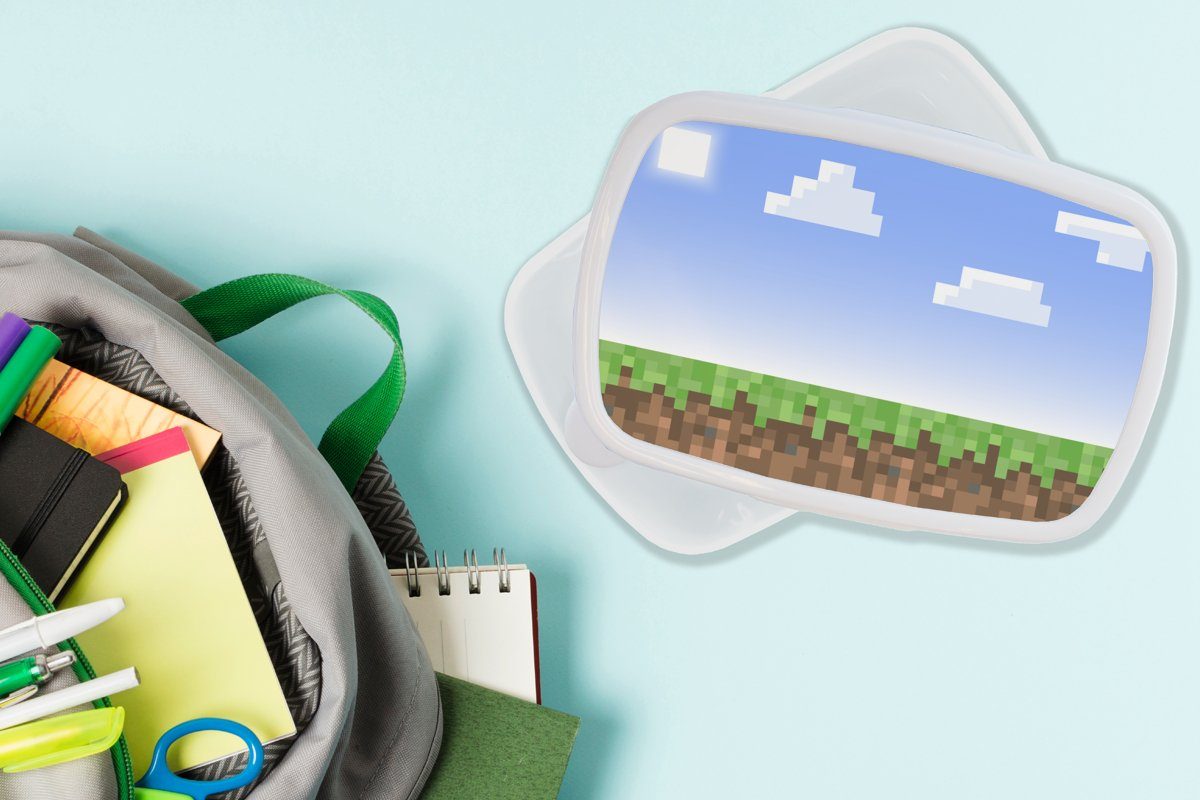 Spiele Brotdose, weiß Gras, MuchoWow Mädchen - Jungs für - Kunststoff, (2-tlg), Lunchbox Brotbox Spiele und und für Erwachsene, Kinder - Pixel