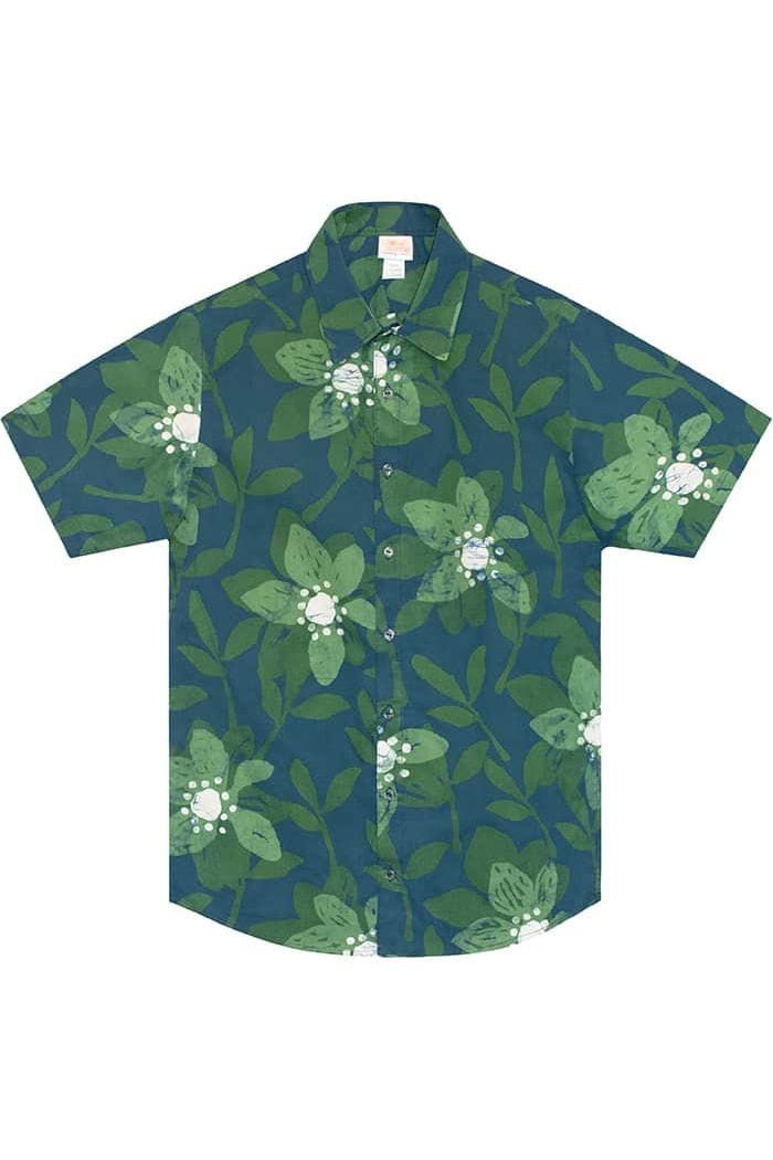 Global Mamas Kurzarmhemd Slim Fit - Blossom Green - Grün Handgebatikt in Ghana · Unikat · Fair Trade zertifiziert (WFTO)