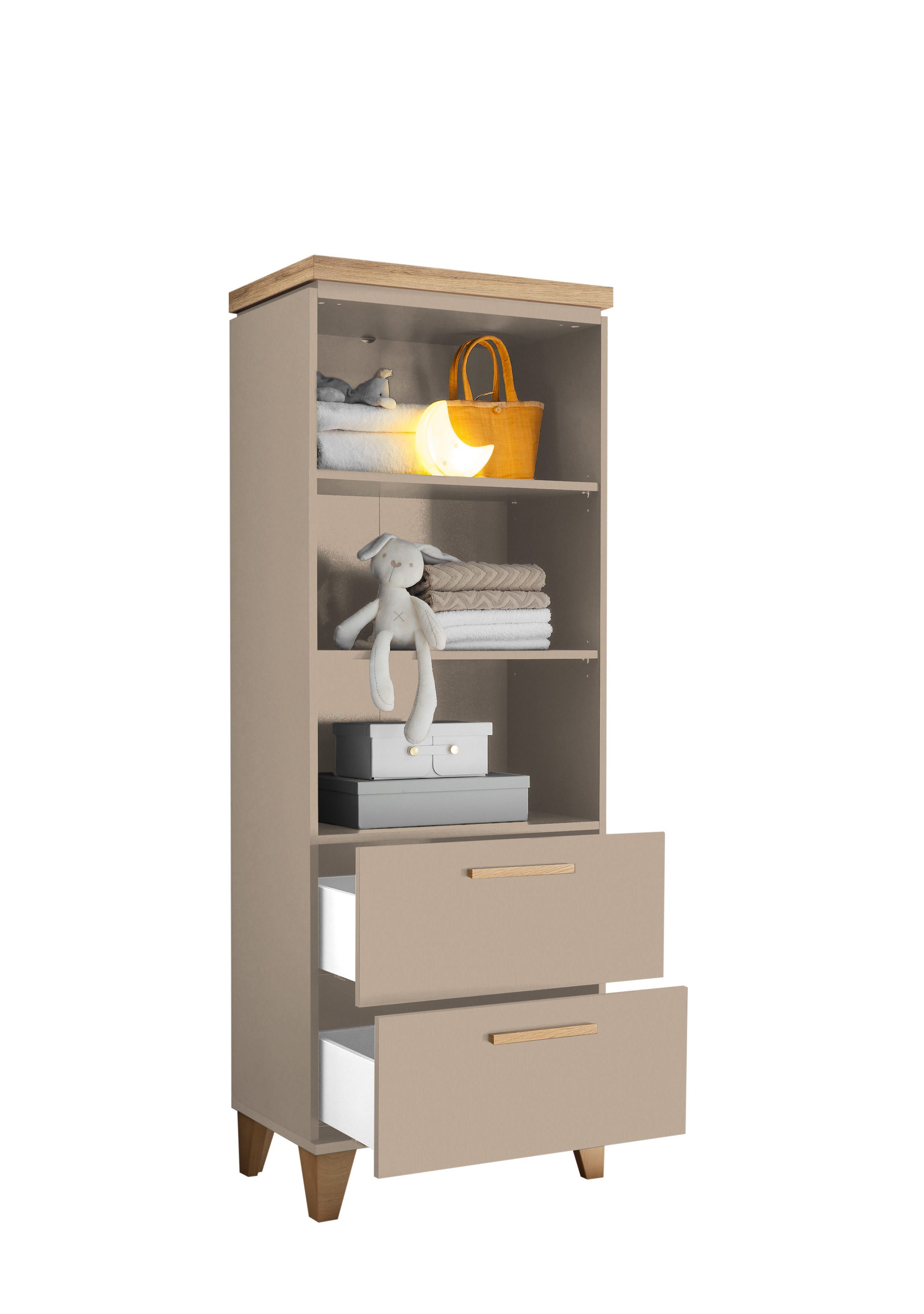 möbel-direkt.de Babyzimmer-Komplettset Hilda, (Komplett Set, 5-tlg., Schrank, Babybett, Wickelkommode, Standregal, Wandboard), höhenverstellbares Lattenrost und Schlupfsprossen