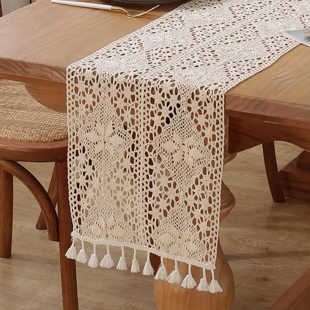TUWENA Tischläufer Gehäkelte Tischläufer, Spitze Boho Tischwäsche Beige mit Quasten, Hochzeit Tischdecke Vintage für Hochzeit, Brautdusche, Esstisch Dekor