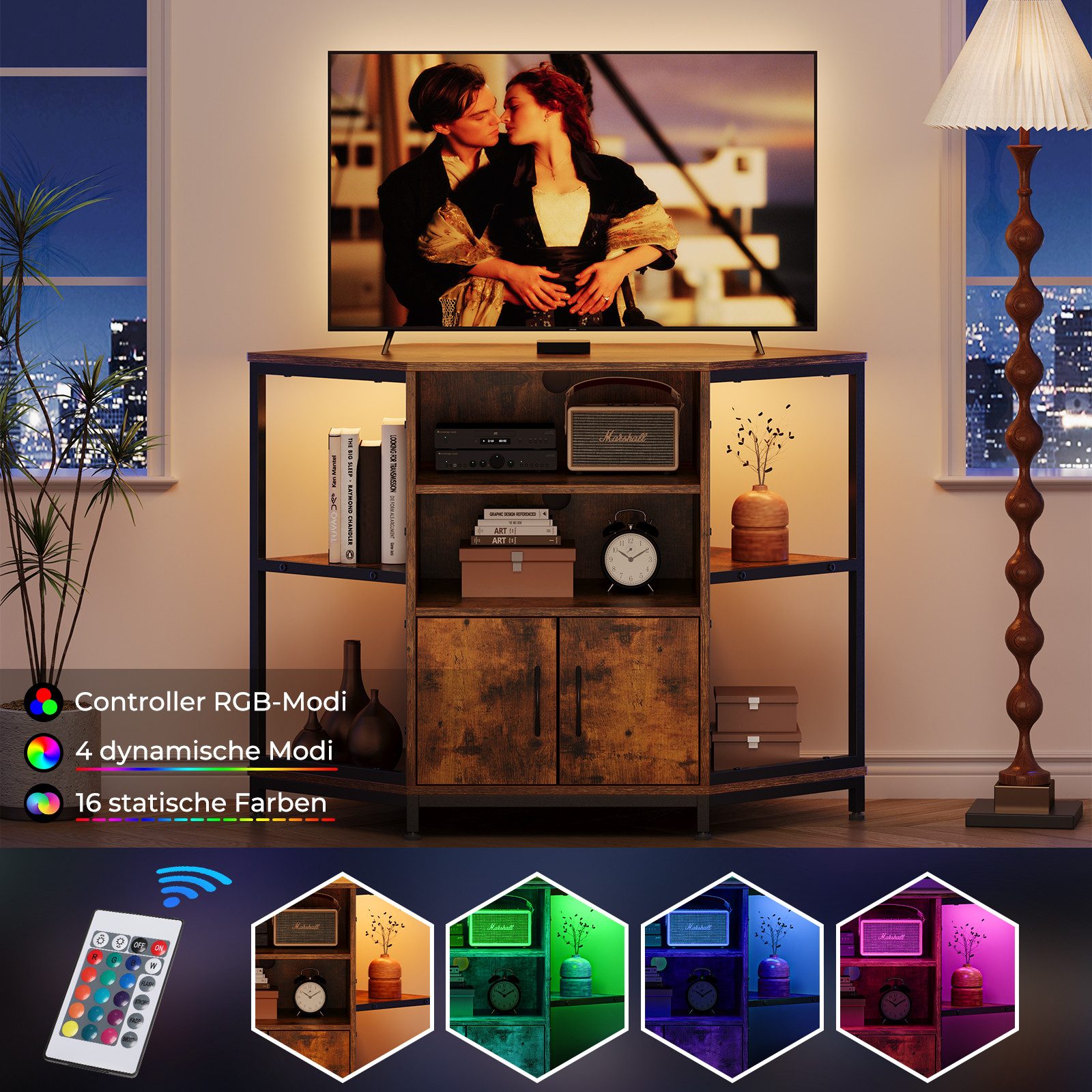 Dripex Lowboard TV Eckschrank mit LED, Industriedesign, 105x50x79 cm, Vintage Braun