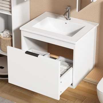 Sweiko Badezimmerspiegelschrank mit Schubladen,mit Keramikwaschbecken, Hängend 60cm Breit,Design,Weiß